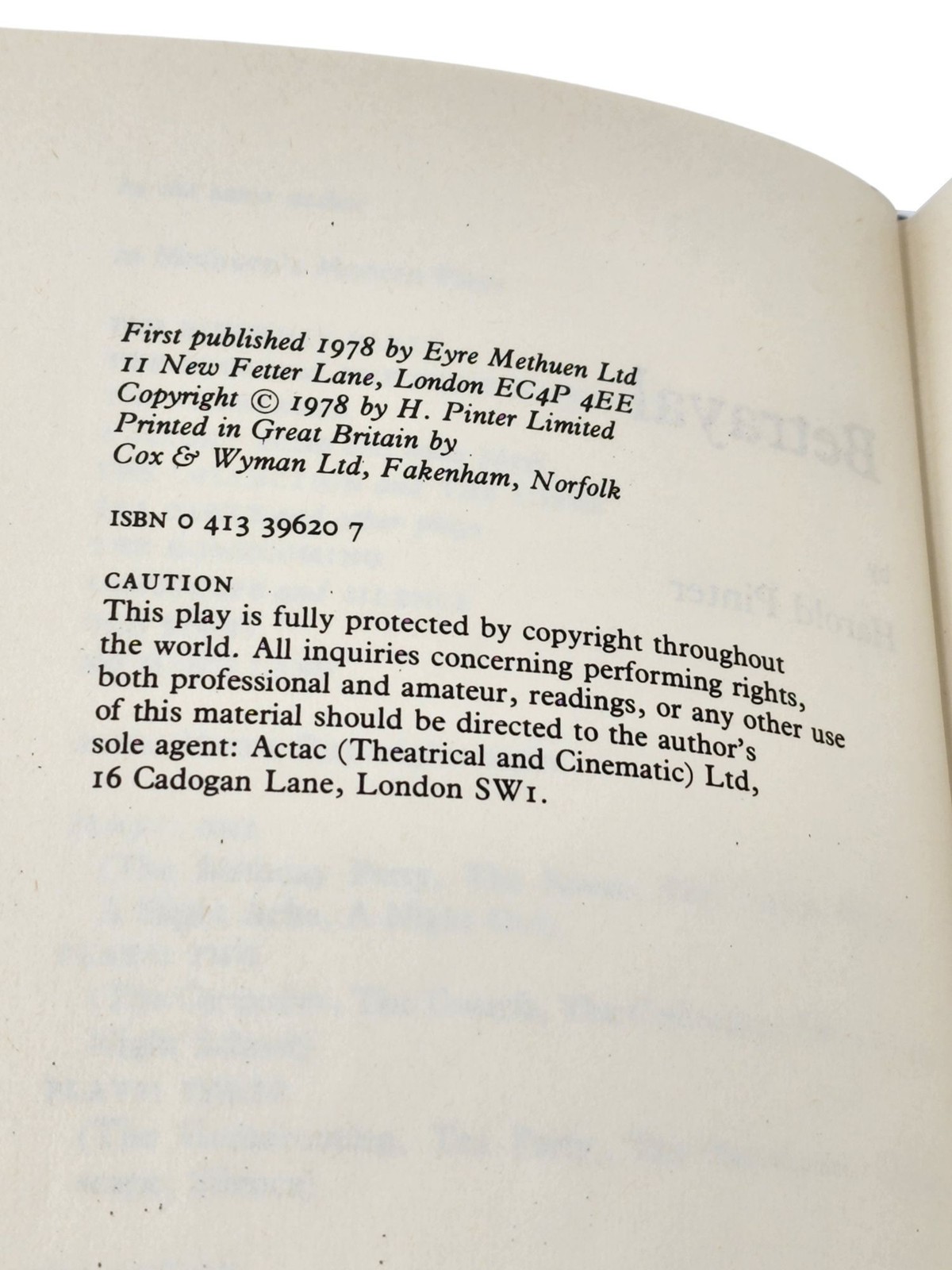 Harold Pinter BETRAYAL 1st/1st edition hardcover in dj 1978