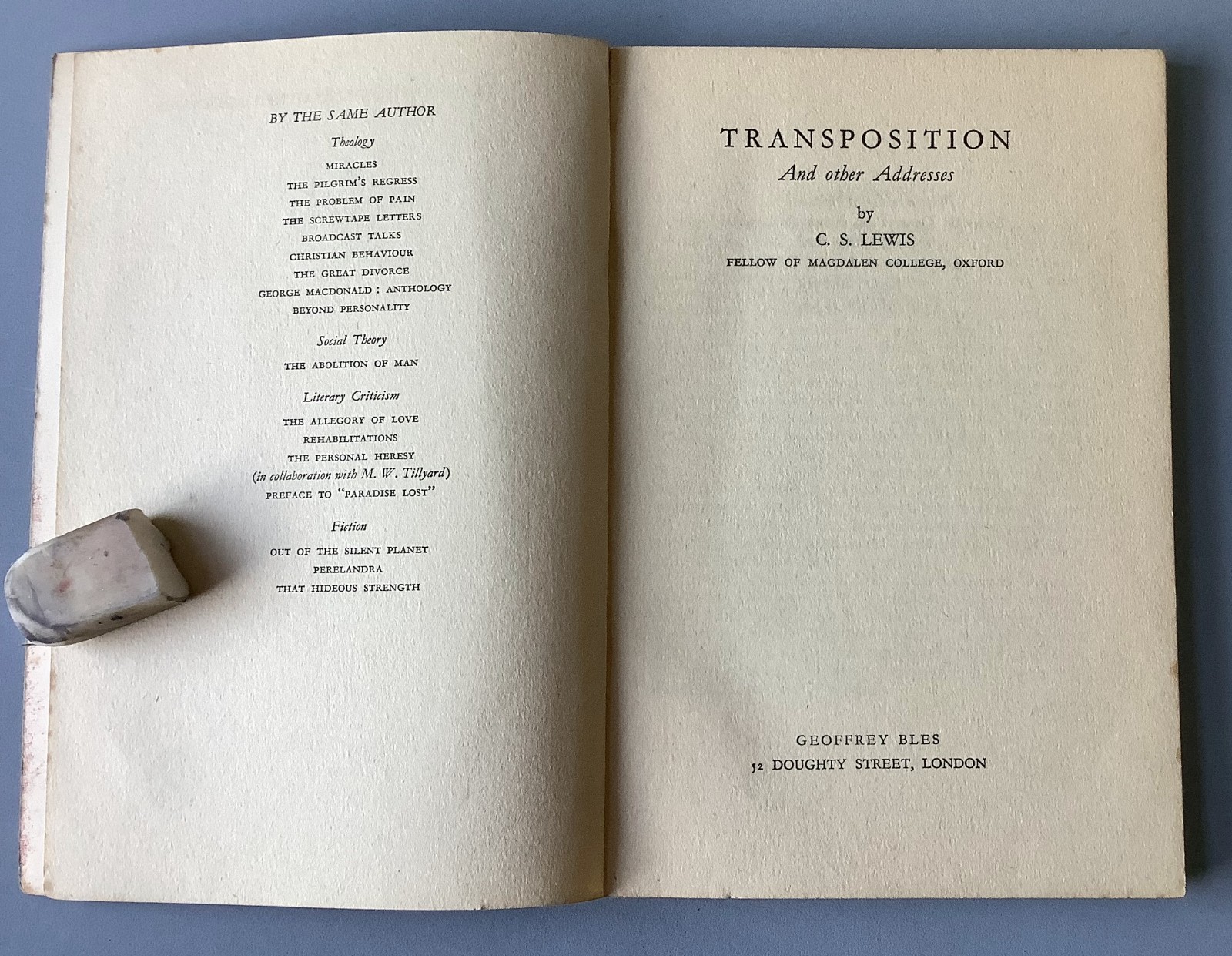 C.S. Lewis – Transposition and Other Addresses – First Edition 1949 unclipped DJ