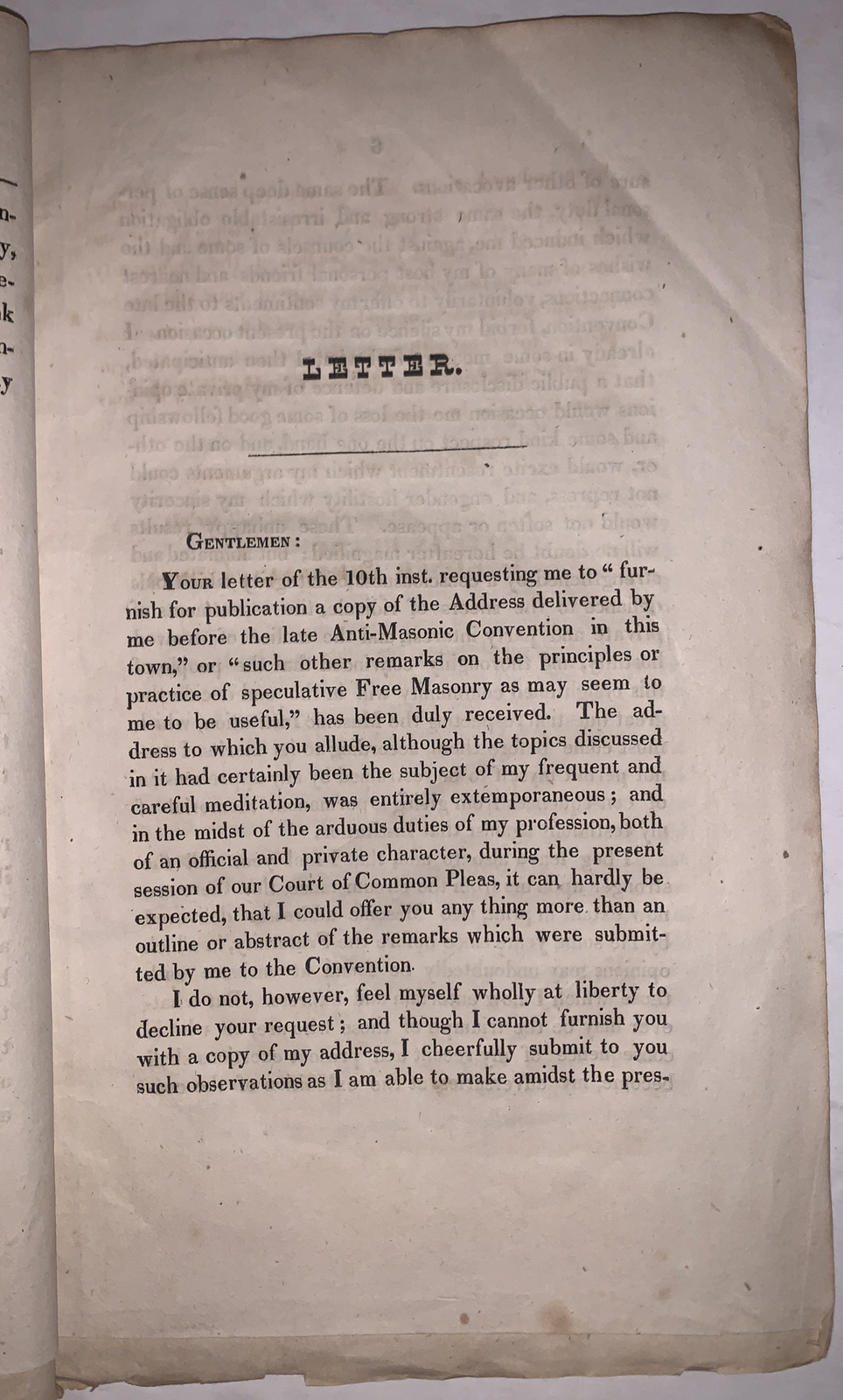 1829, 1st, LETTER ON SPECULATIVE FREE MASONRY, PLINY MERRICK, ANTI-MASONIC