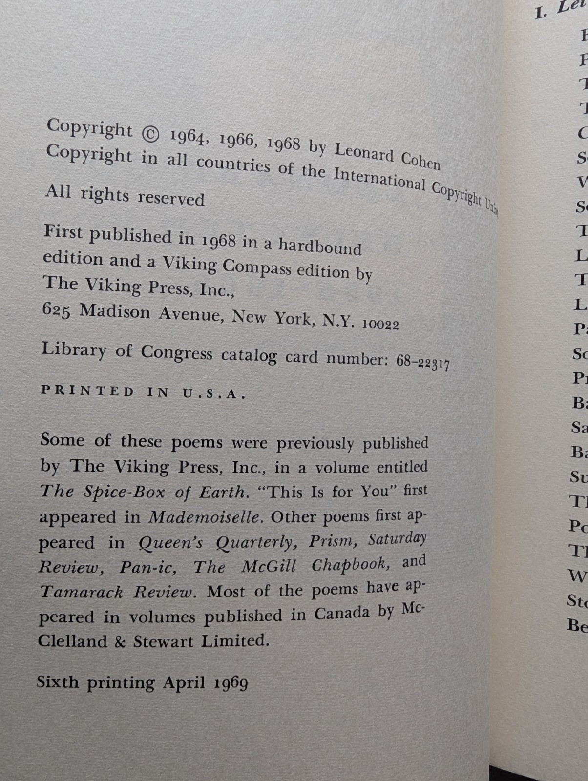 Leonard Cohen Selected Poems 56-68 C-234 Viking Compass 1968. 6th printing. PB