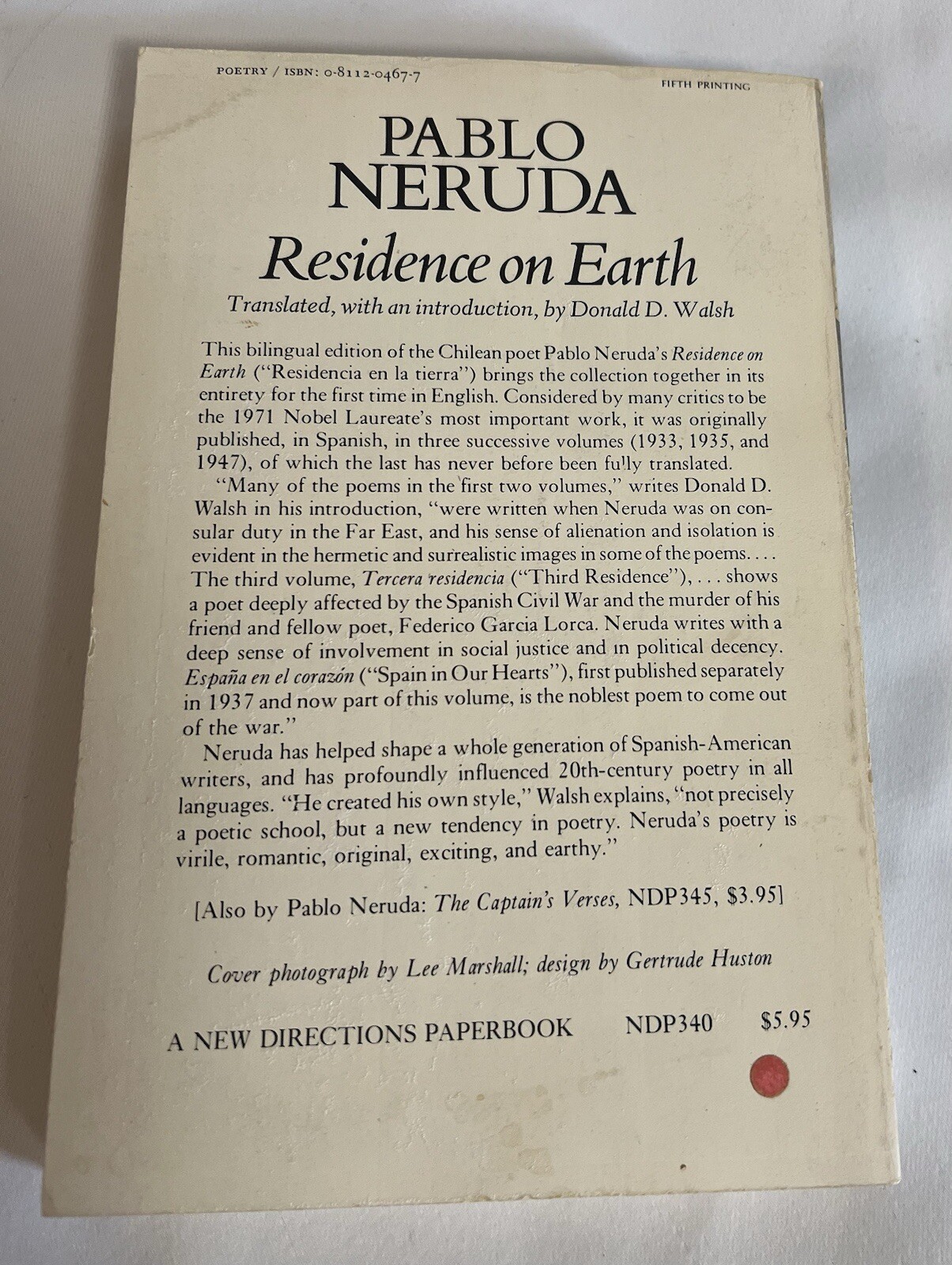 Residence on Earth, by Pablo Neruda SOFTCOVER (New Directions, 1973) ENG / SPAN