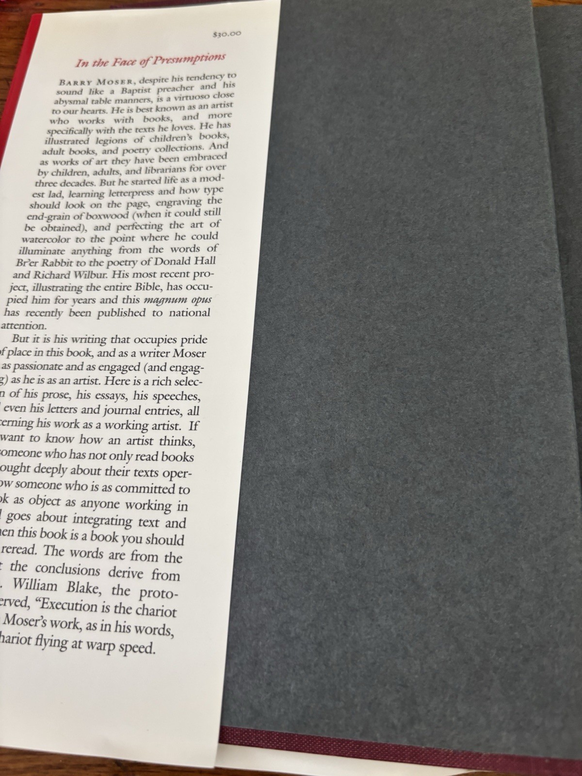 In Face of Presumptions: Essays by Barry Moser RARE SIGNED! VG+/VG+. 1st.