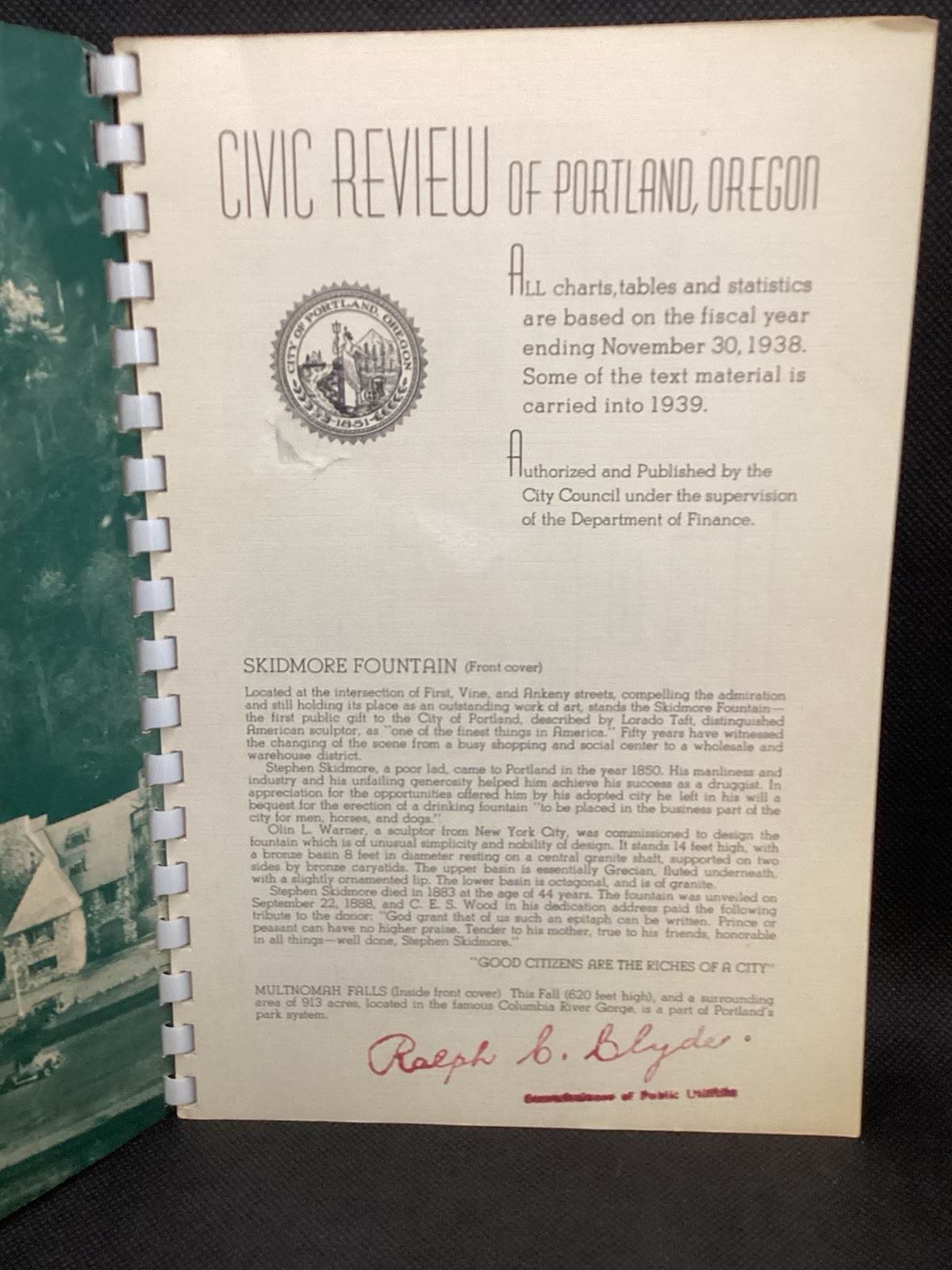 Portland Oregon Civic Review 1939-9 Spiral Bound Stamped By Ralph Blyde