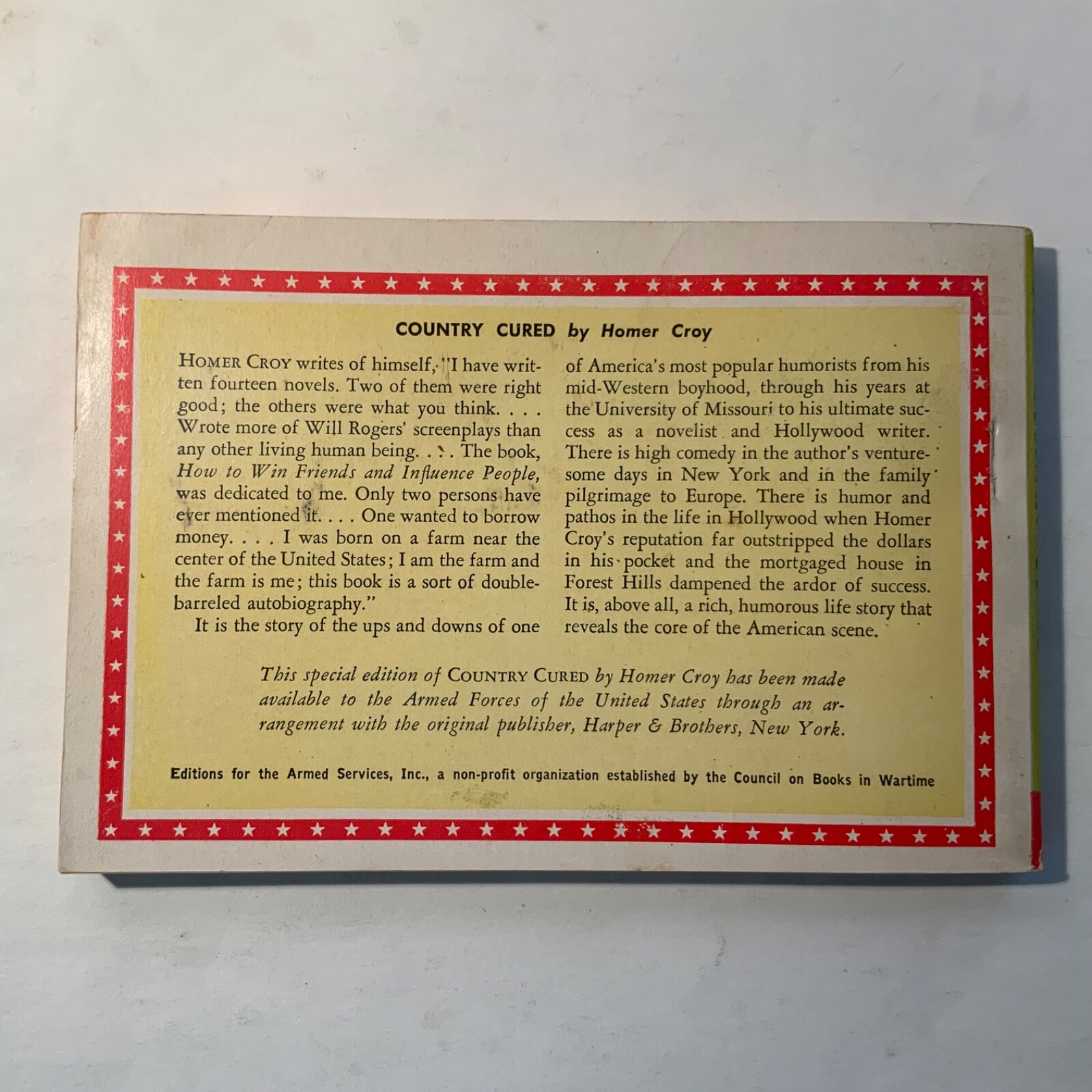 Country Cured by Homer Croy 1944 Armed Services Edition L-21 Very Good++- N fine