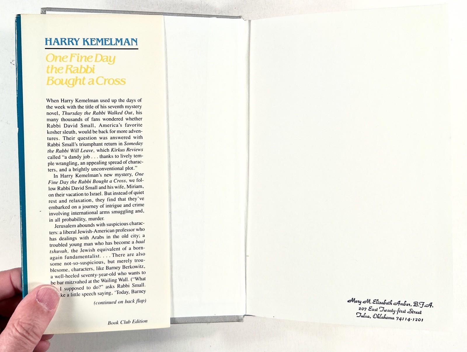 1987 Kemelman ONE FINE DAY THE RABBI BOUGHT A CROSS detective novel hc/dj BCE