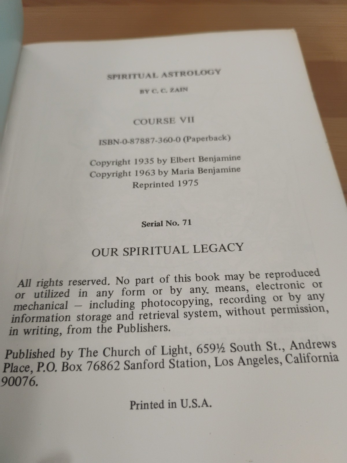 Spiritual Astrology C. C. Zain The Brotherhood of Light Church of Light 1975 PB