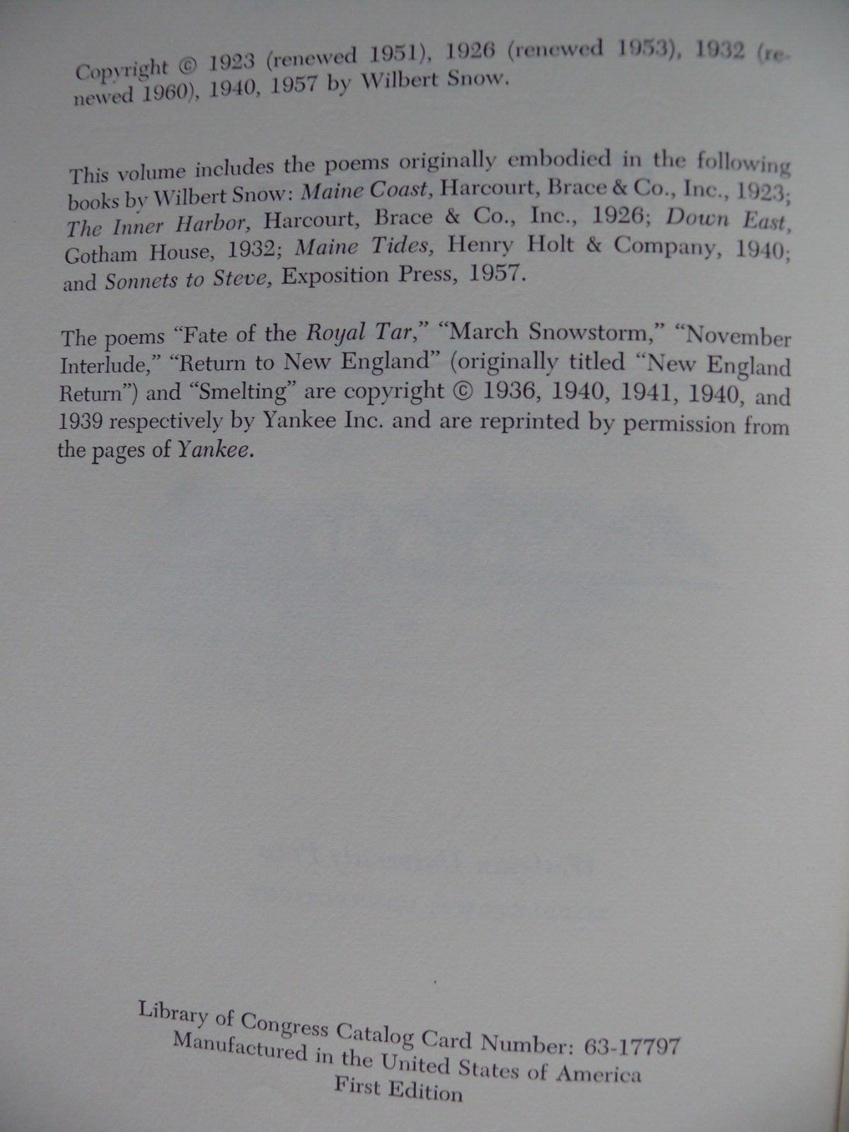 THE COLLECTED POEMS OF WILBERT SNOW. Wesleyan University Press 1957