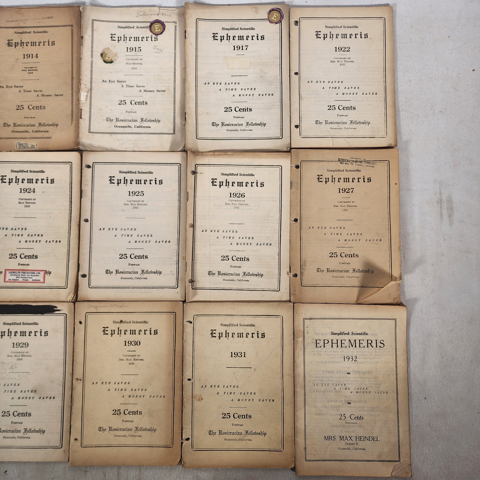 Lot 15 Simplified Scientific Ephemeris – Rosicrucian Fellowship 1908 – 1932