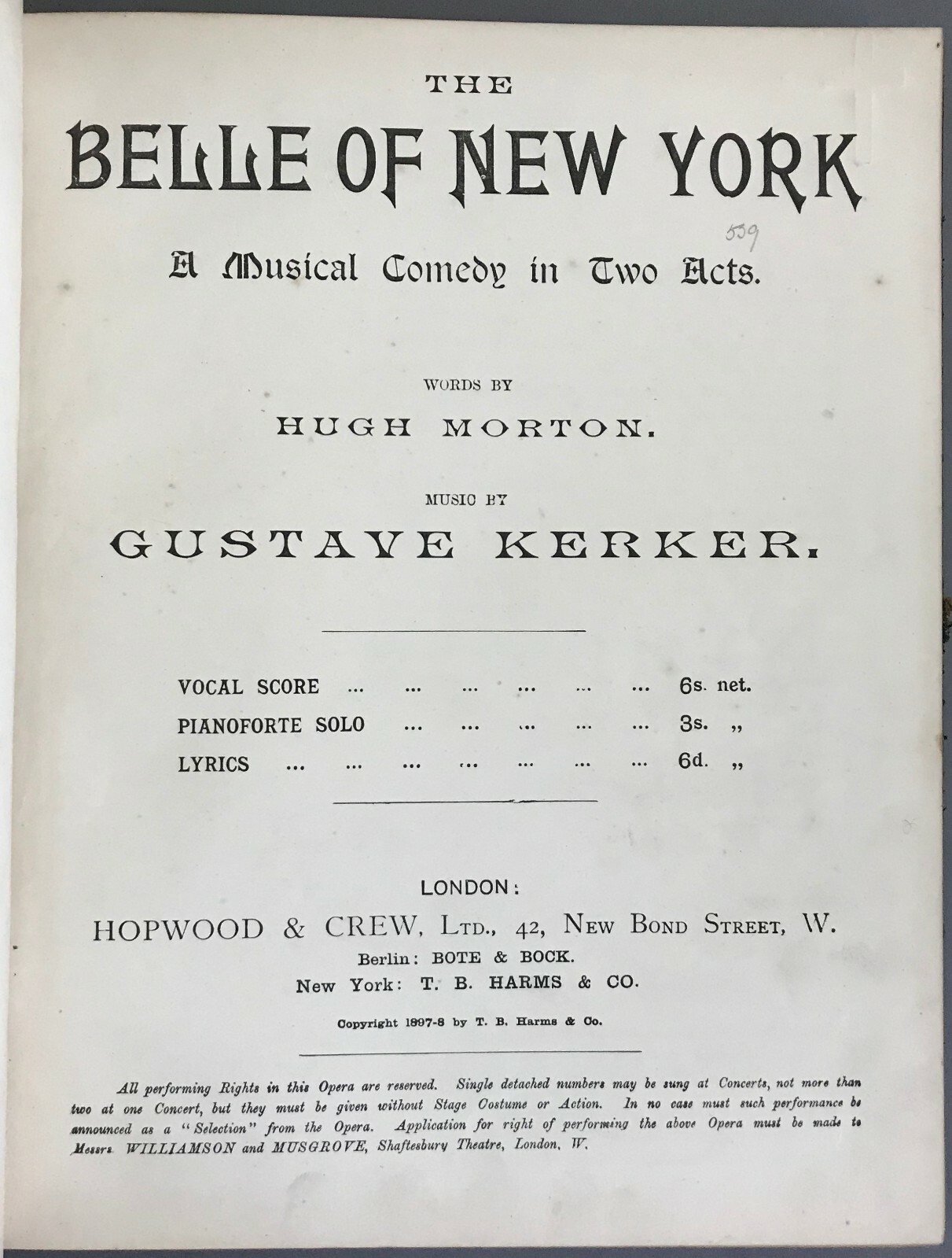 Hugh Morton and Gustave Kerker The Belle of New York Hopwood & Crew 1898