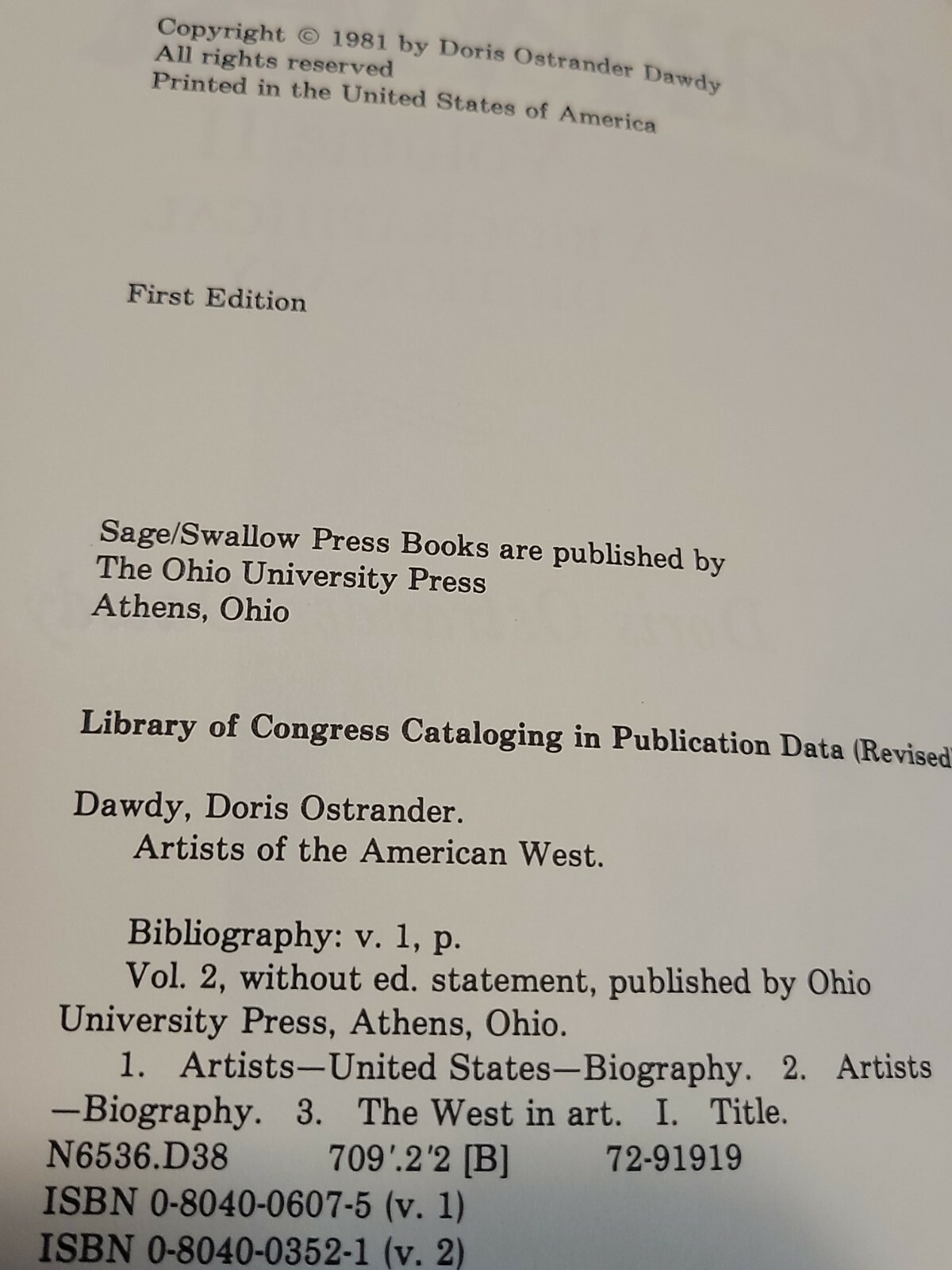 ARTISTS OF THE AMERICAN WEST By Doris Ostrander DAWDY vol 1 & 2, 1st Editions