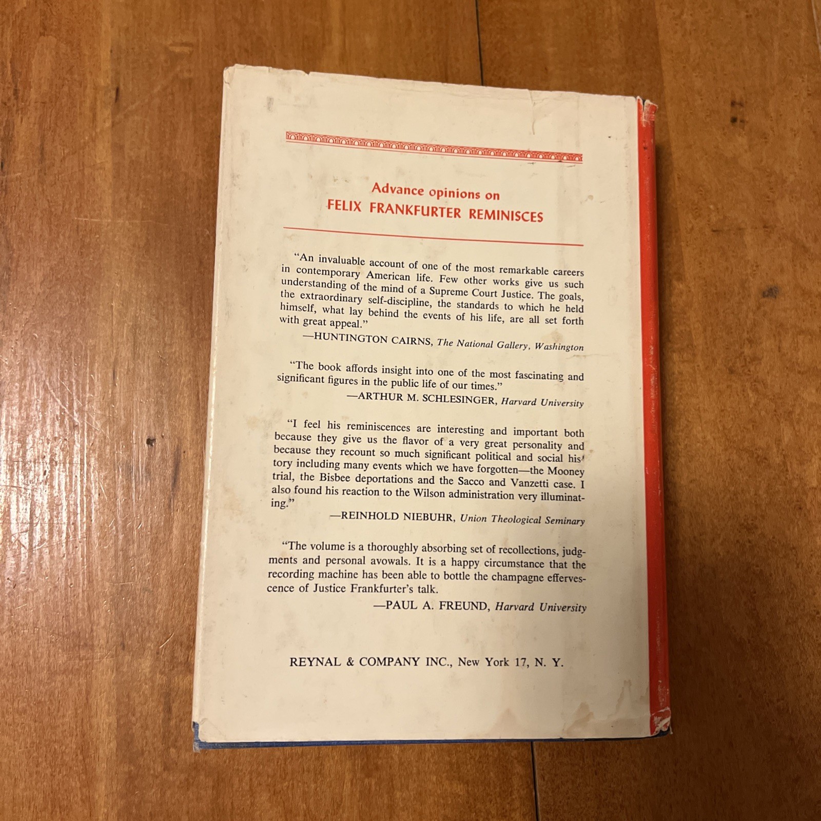 Felix Frankfurter Reminisces 1st Edition 6th Printing Red DJ