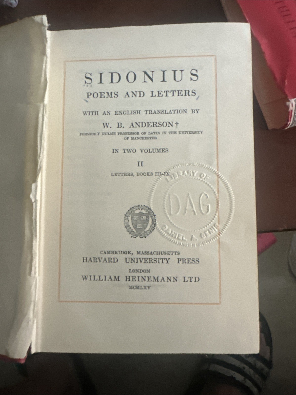 Sidonius; Poems & Letters, 2 Vol. Loeb Classic Library HC DJ Latin & Eng. 1963-5