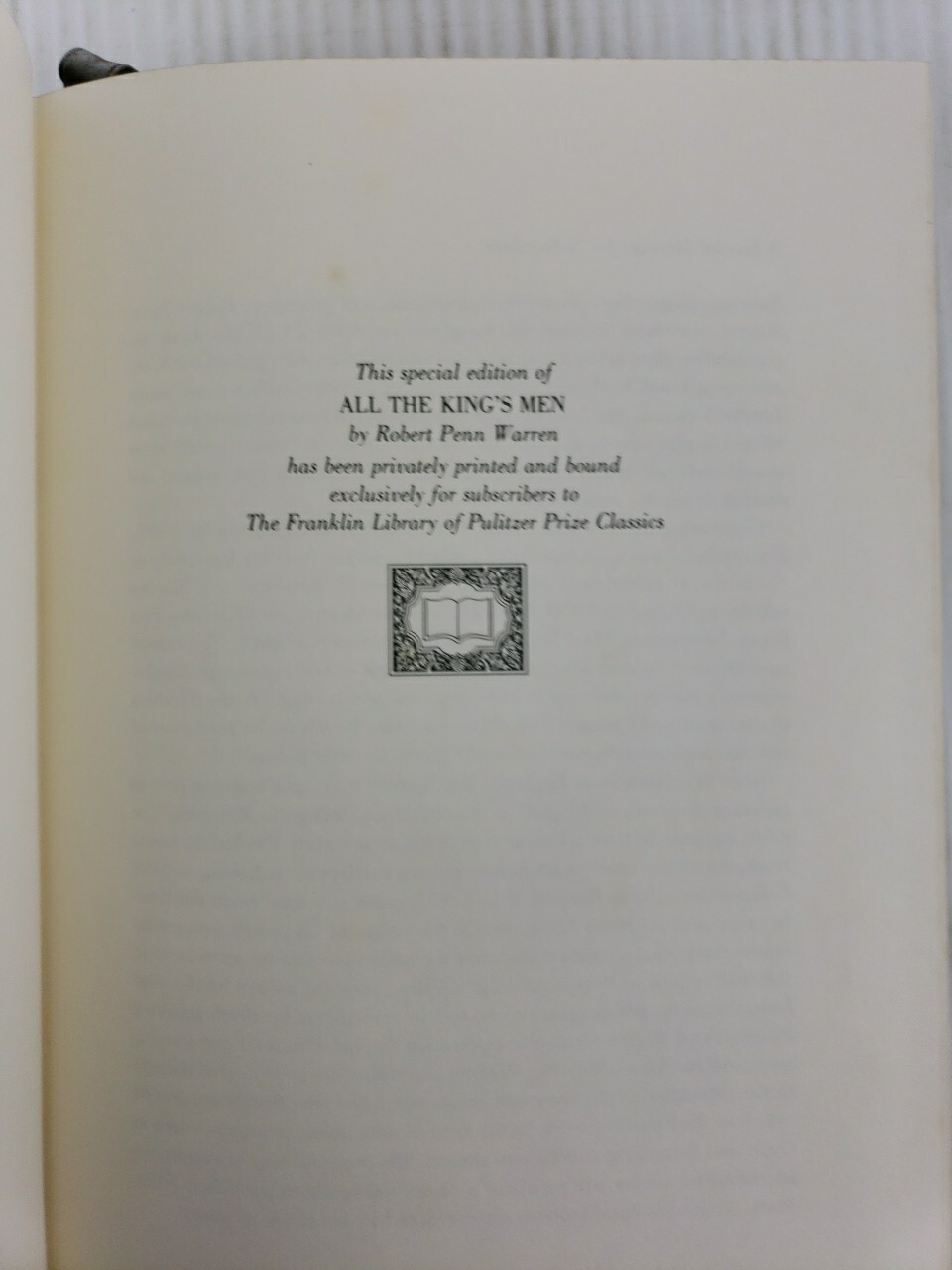 All The King’s Men Warren, Franklin Library Pulitzer Prize Classics, Leather