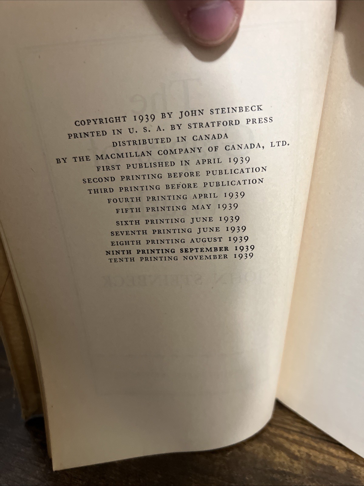 John Steinbeck / THE GRAPES OF WRATH, 1939, Viking Press, 1st, 10th Printing