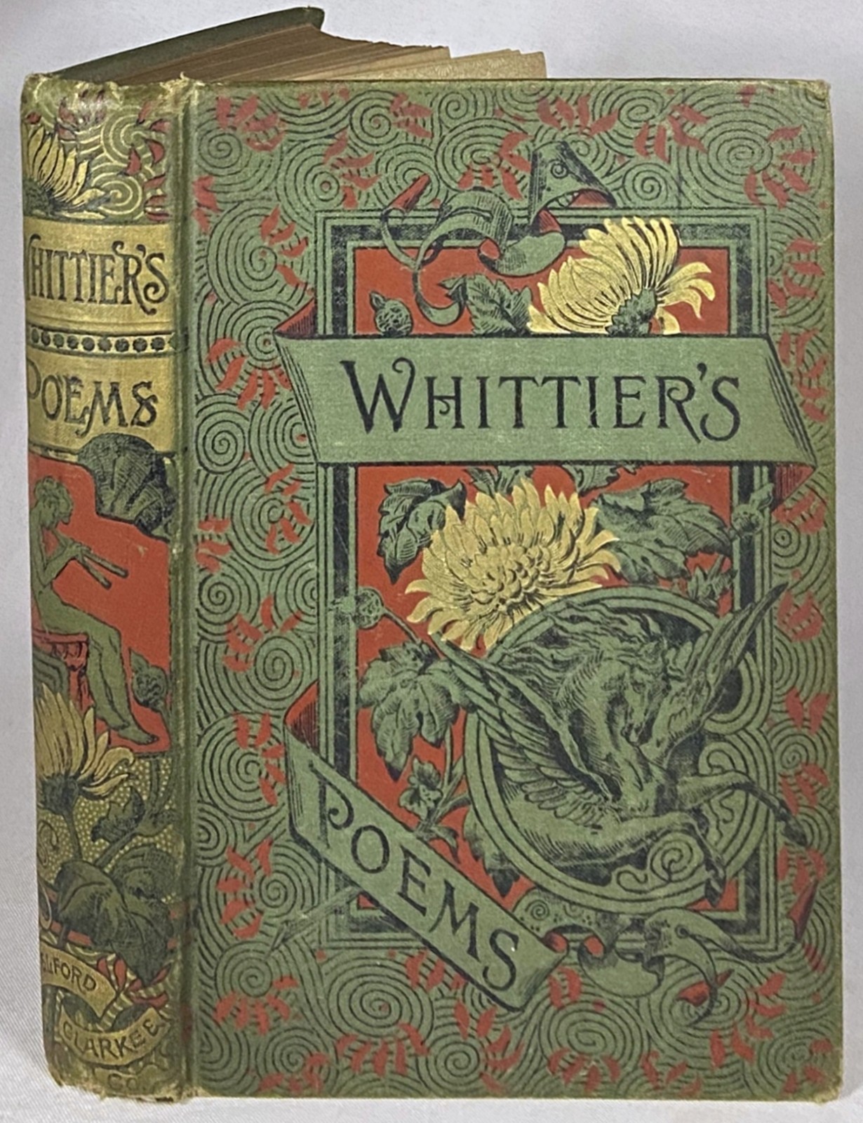 1889 POEMS BY JOHN GREENLEAF WHITTIER Antique Decorative Victorian Poetry Book