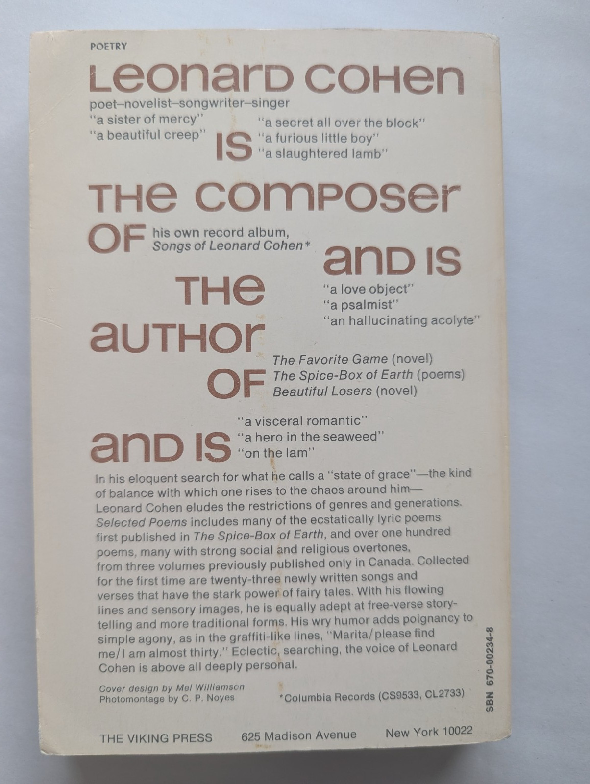 Leonard Cohen Selected Poems 56-68 C-234 Viking Compass 1968. 6th printing. PB