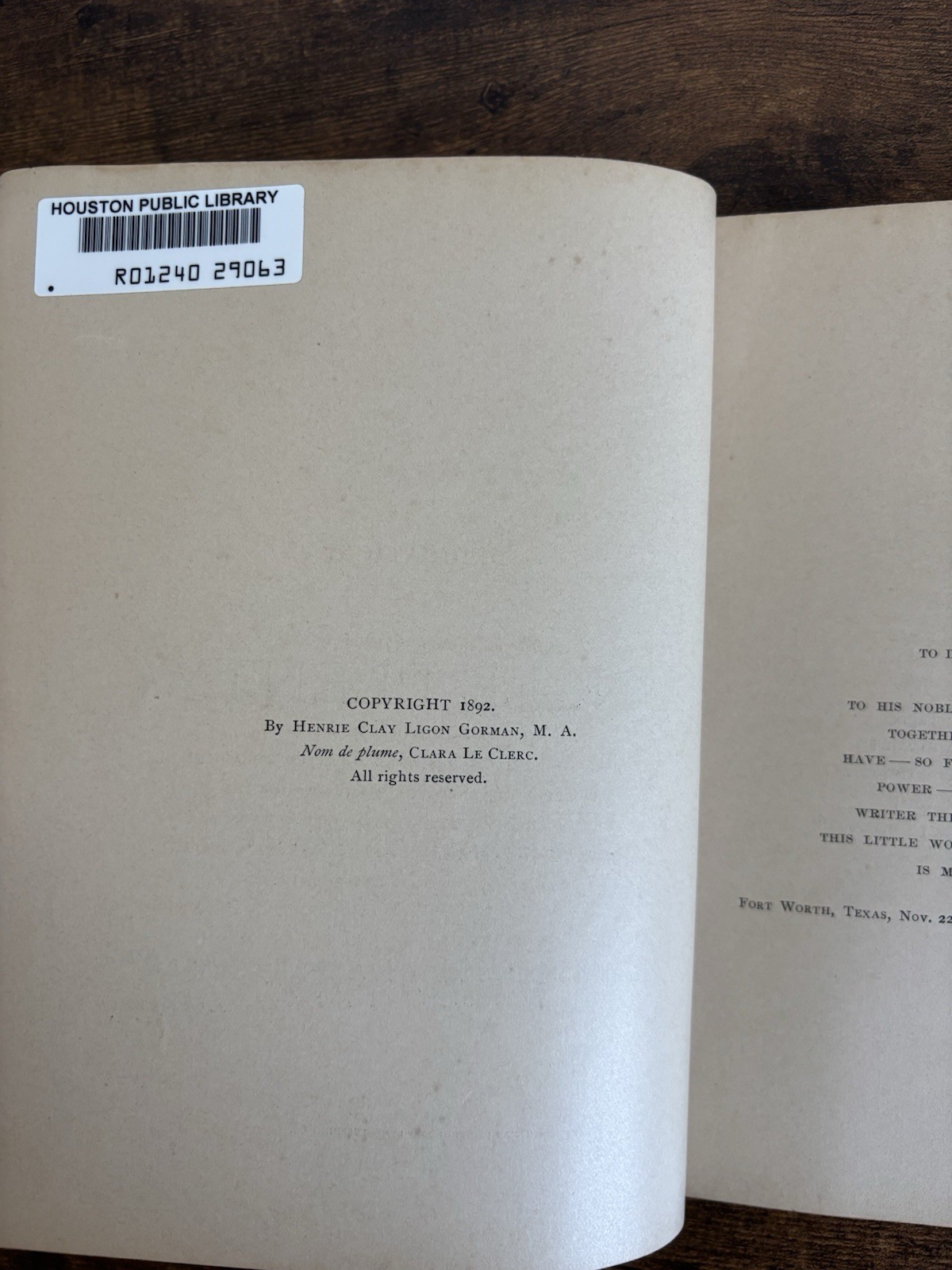 Uncle Plenty Clara Le Clerc 1892 Texas Printing Rare Antique Book