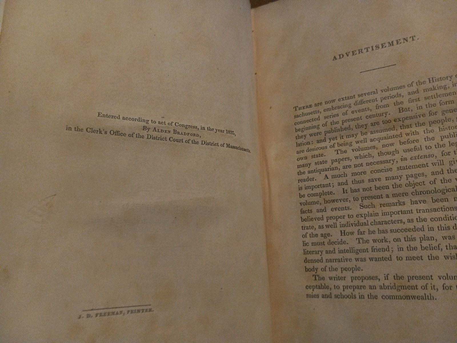 1835 HISTORY OF MASSACHUSETTS 1620 TO 1820 ILLUSTRATED 1ST ED! BY ALDEN BRADFORD