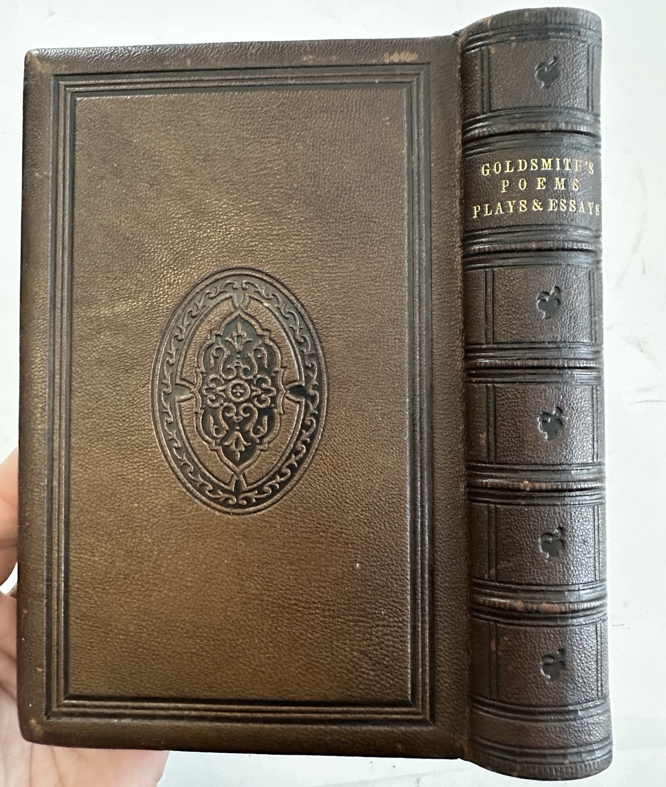 Embossed publisher’s fine gift leather binding 1855 Goldsmith Essays Poems Plays