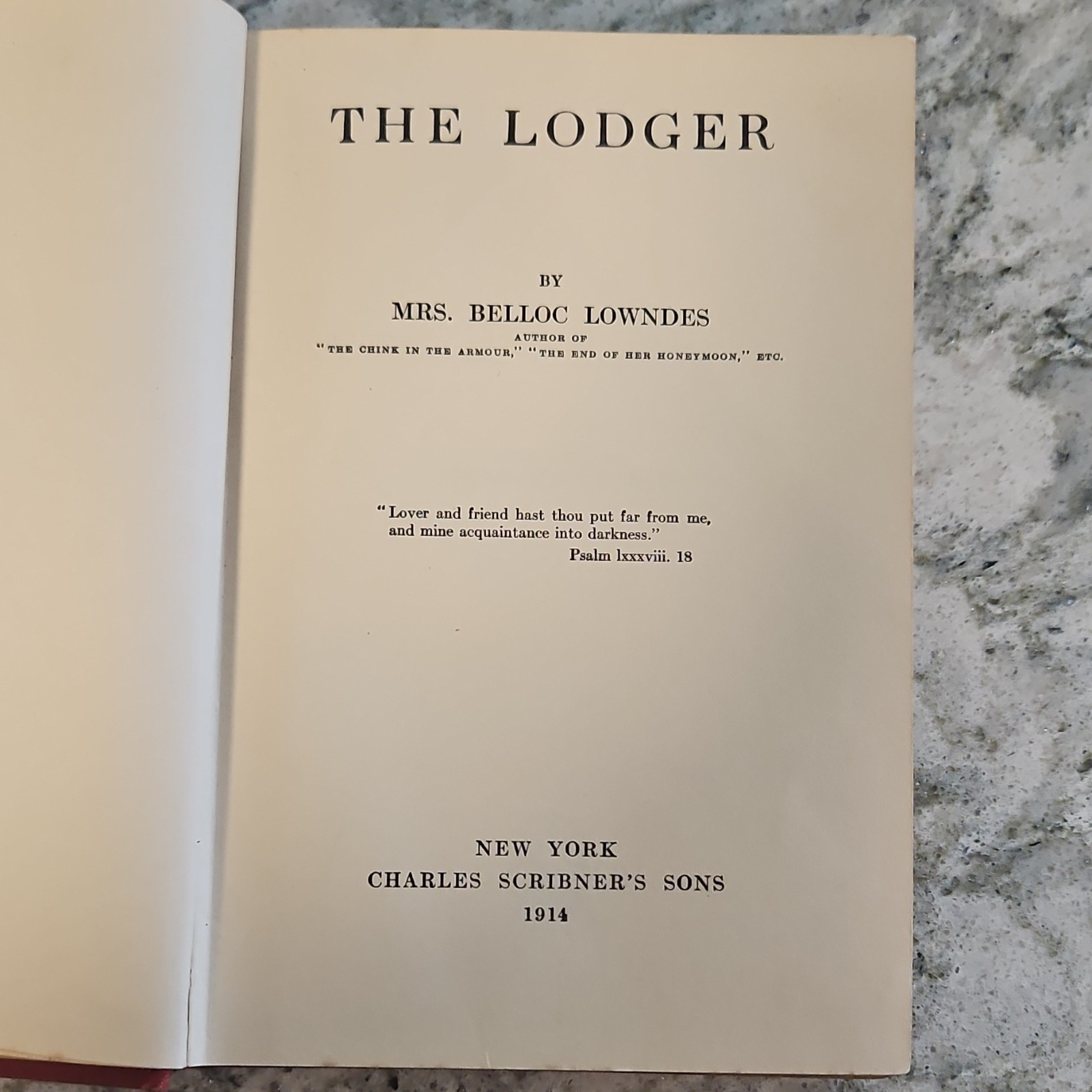 Marie Belloc Lowndes The Lodger Cloth Charles Scribner’s Sons 1914 1st Edition …