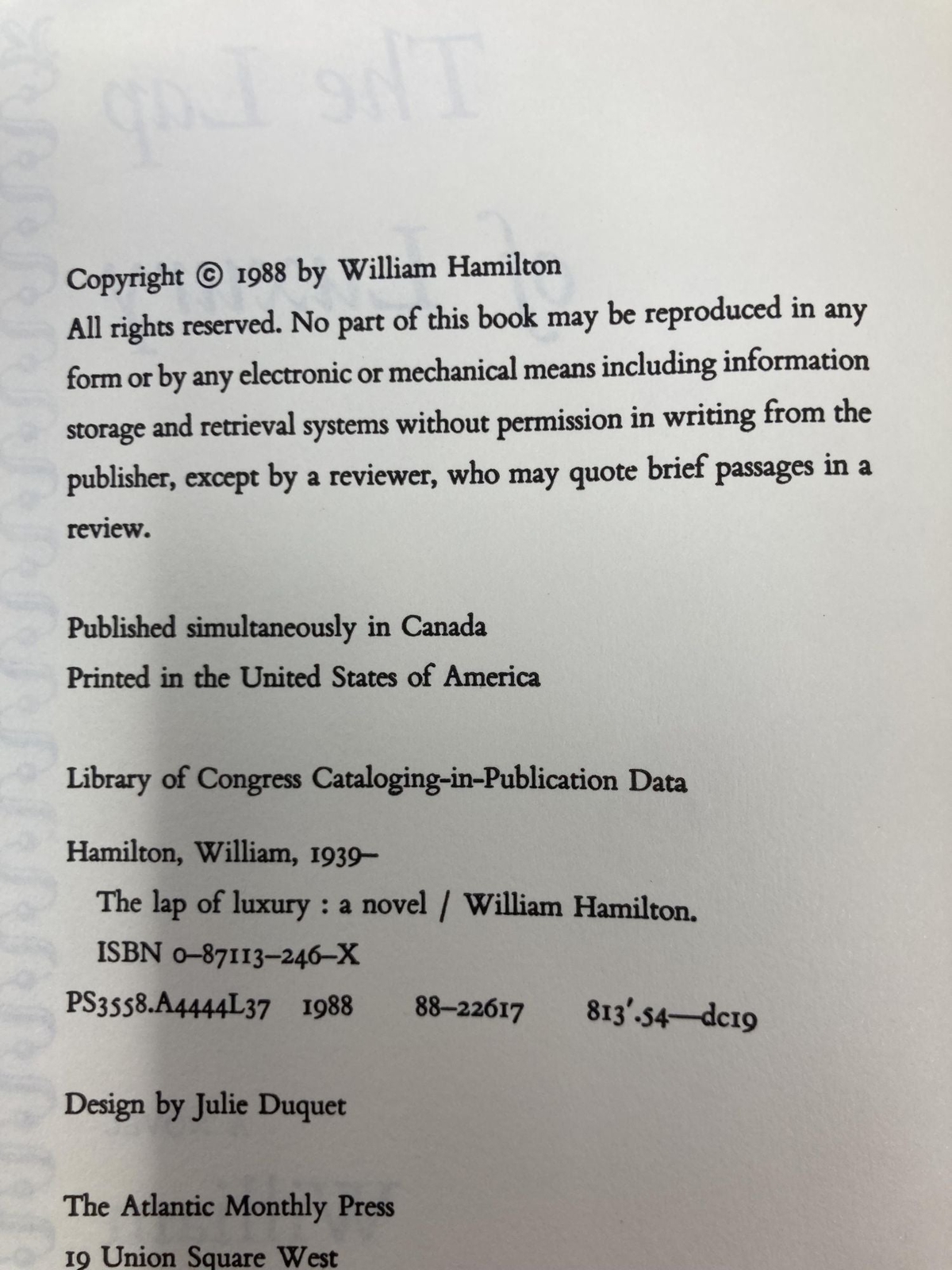 The Lap of Luxury A Novel by William Hamilton First 1st Edition VG HC