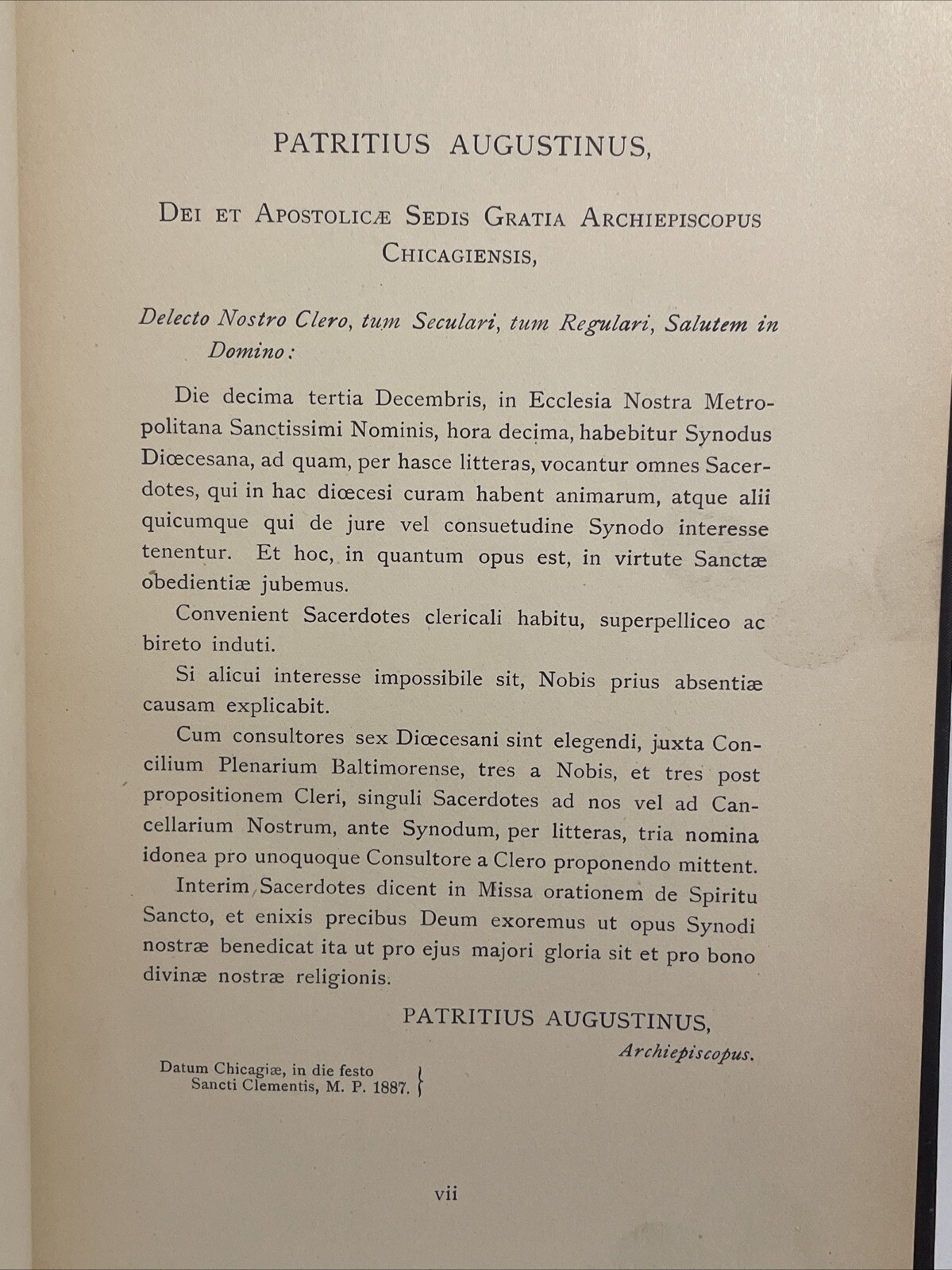 Synodus Dioecesana Chicagiensis Prima; 1ST SYNOD CHICAGO ARCHDIOCESE; 1887 LATIN
