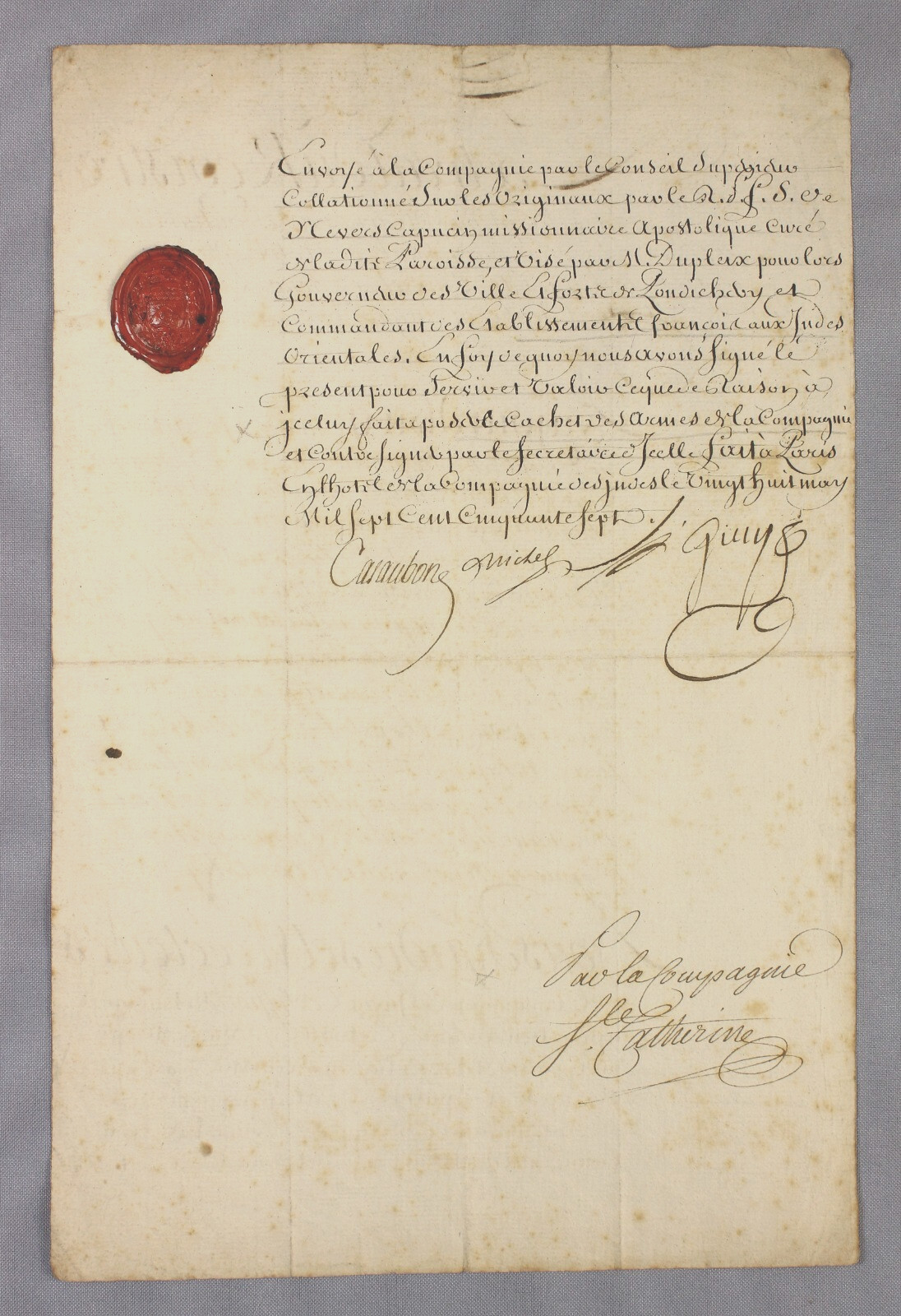 FRENCH India 1757 manuscript – SEE VIDEO – soldier’s death certificate wax seal