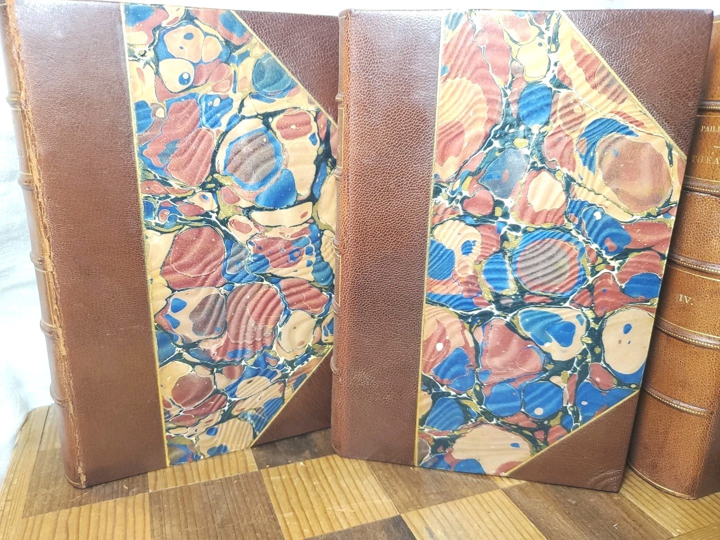 Theatre Complet, Volume Set circa 1800s French Leather Bindings Marbled Endpages