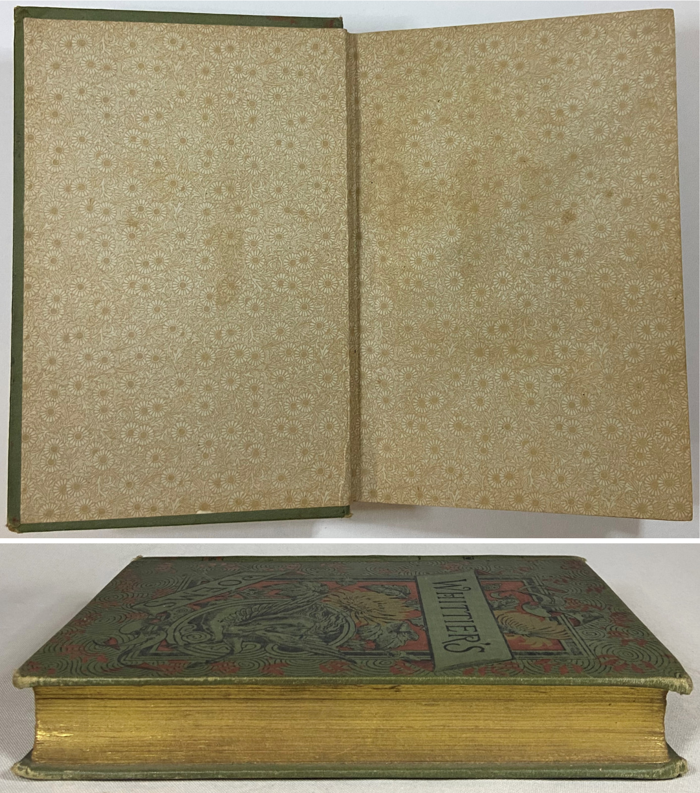 1889 POEMS BY JOHN GREENLEAF WHITTIER Antique Decorative Victorian Poetry Book