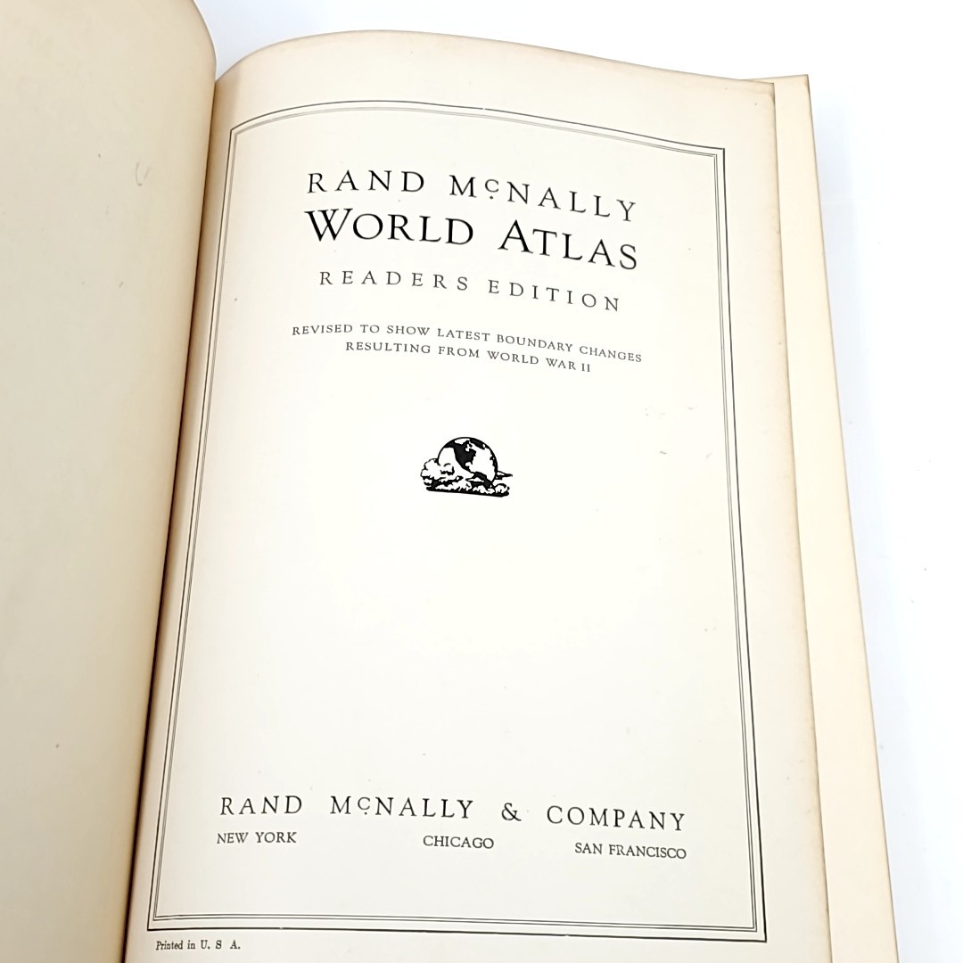 Antique Leather Rand McNally World AtlasS Book 1951 Vintage WW2 Maps Geography