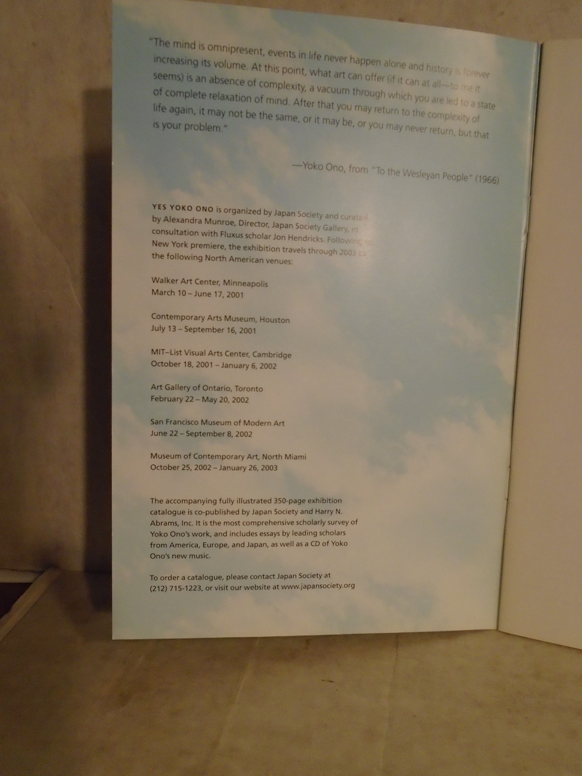 Yoko Ono Japan Society Gallery Exhibition catalog. 2000/01. Yes Yoko Ono