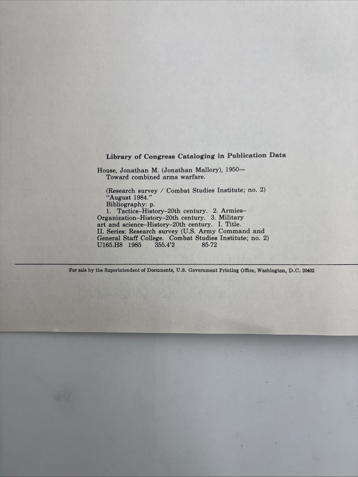 Toward Combined Arms Warfare By Captain Jonathan M. House August 1984