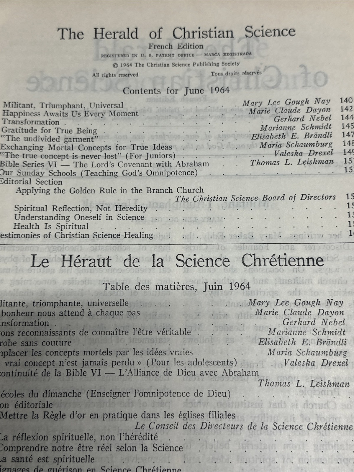 Vintage 1964 The Herald Of Christian Science – June 1964 – Le Heraut – French Ed