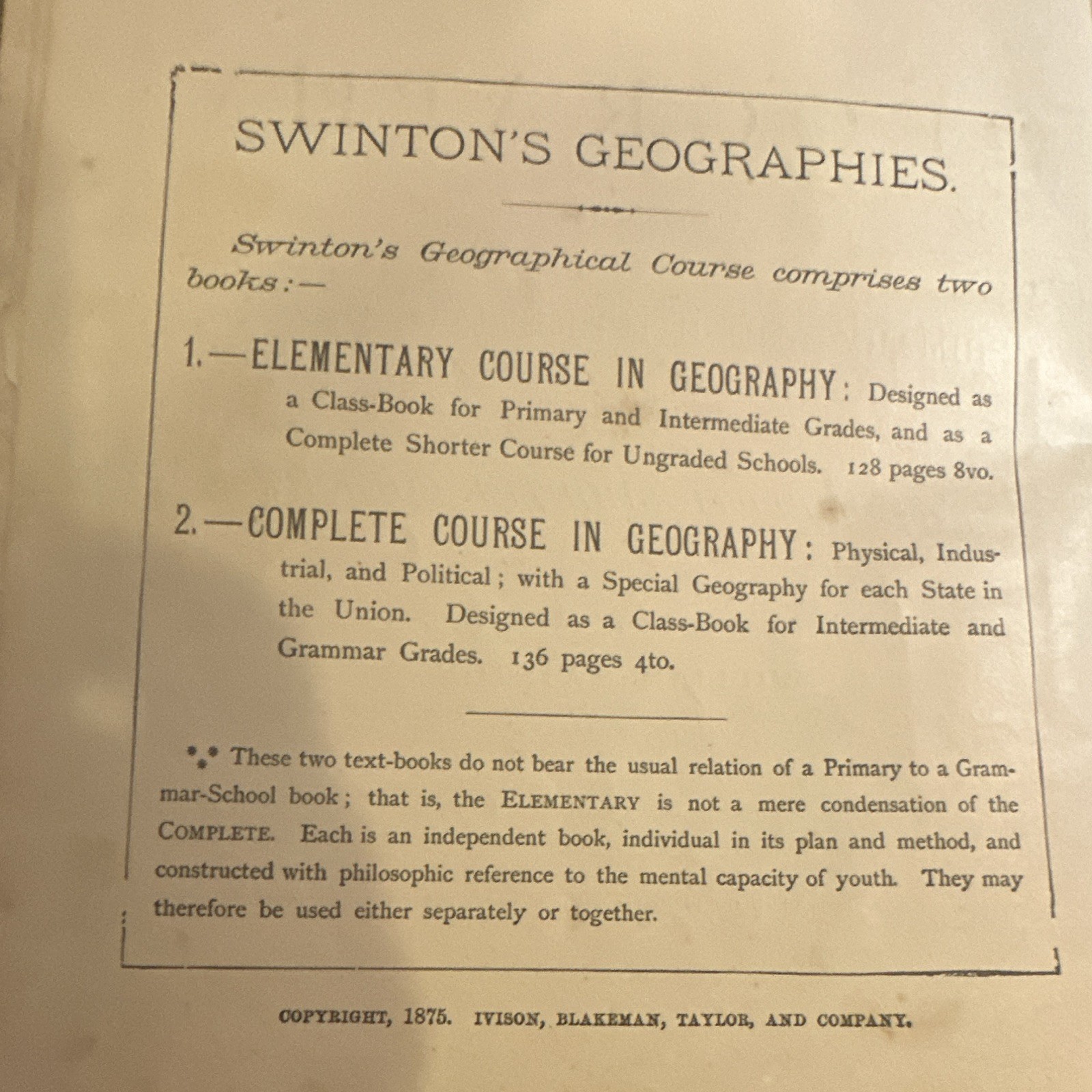 William Swinton Elementary Geography Illustrated Hardcover Ivison Blakeman 1875