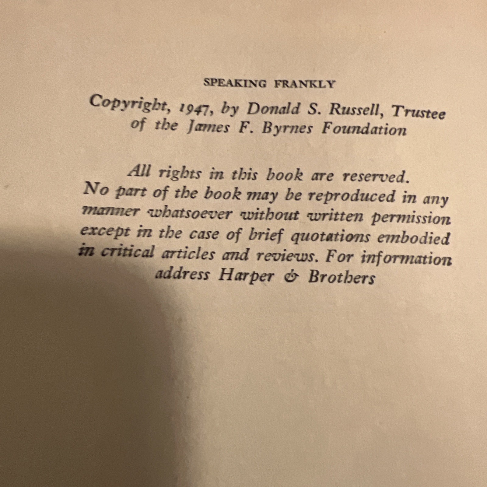 Speaking Frankly by James F. Byrnes 1947 First Edition HC Book
