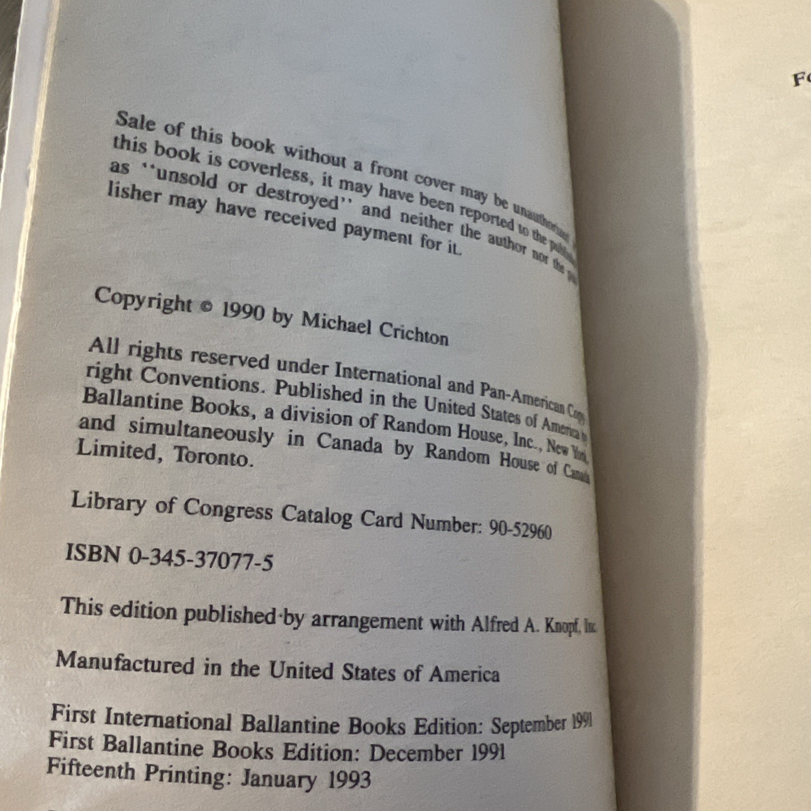 Jurassic Park by Michael Crichton 1991 Ballantine 15th Printing