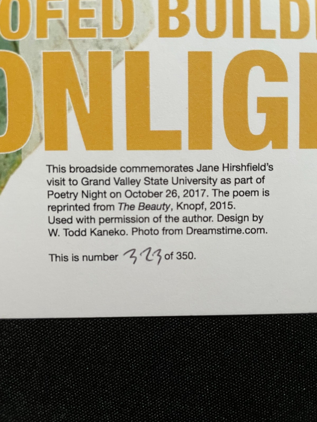 SIGNED Jane Hirshfield Poetry Broadside “Many-Roofed Building In Moonlight” Ltd.
