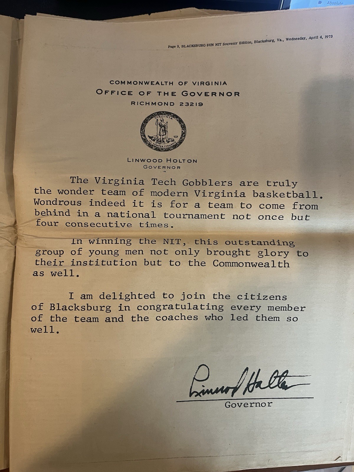 The Blacksburg Sun – VA Tech NIT Champions Souvenir Edition (1973)
