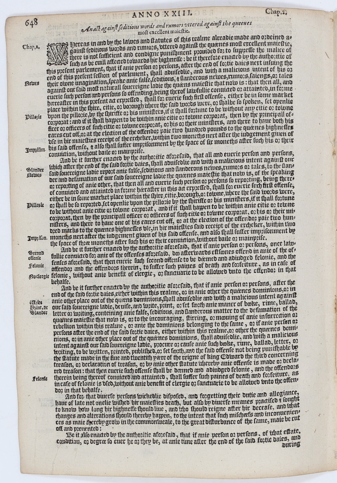 Seditious Words & Slander Laws – 1587 Grafton Statute 4 pp Set – Elizabeth I