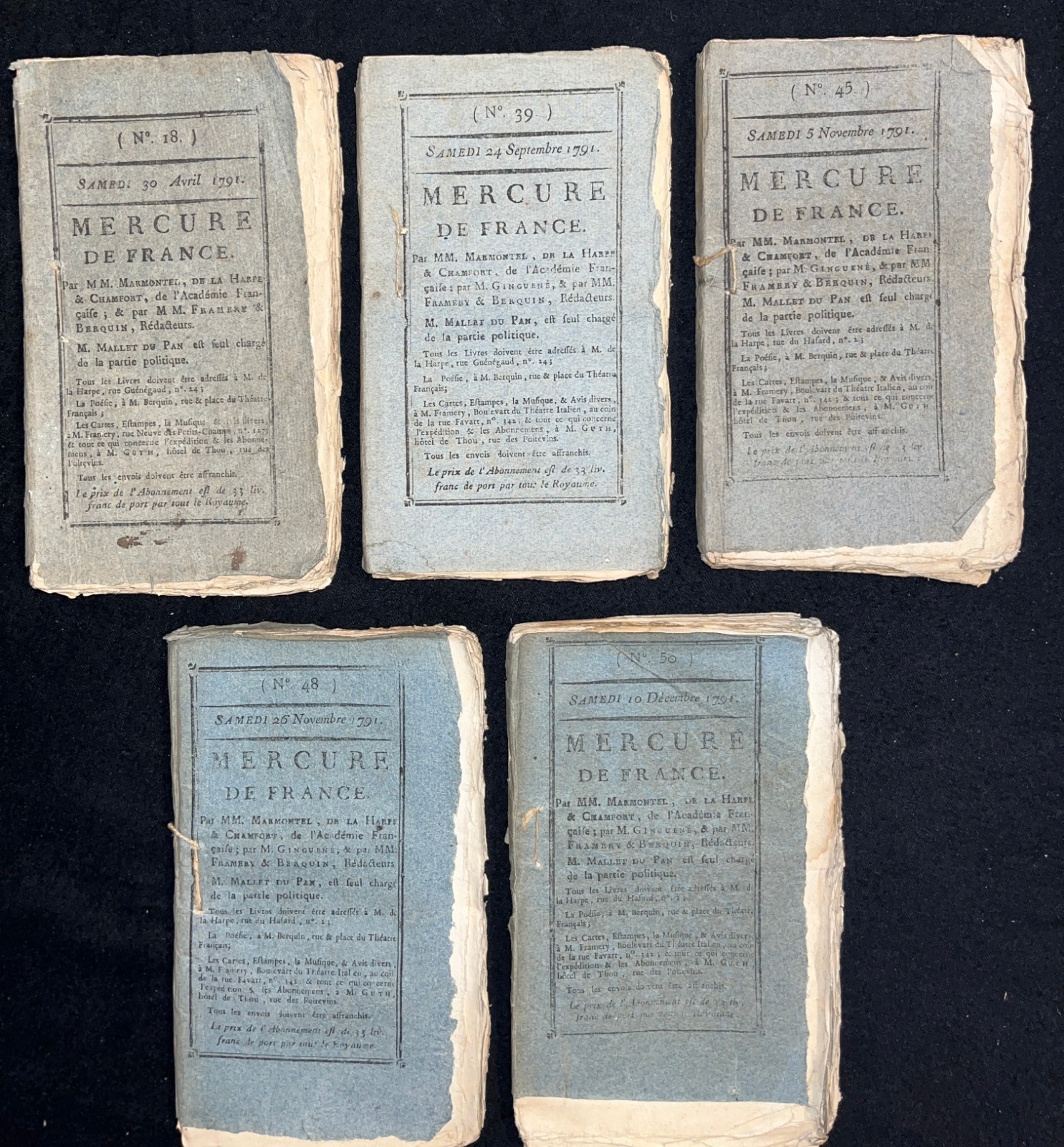 “MERCURE DE FRANCE” – 5 Issues – 1791 MAGAZINE DURING FRENCH REVOLUTION