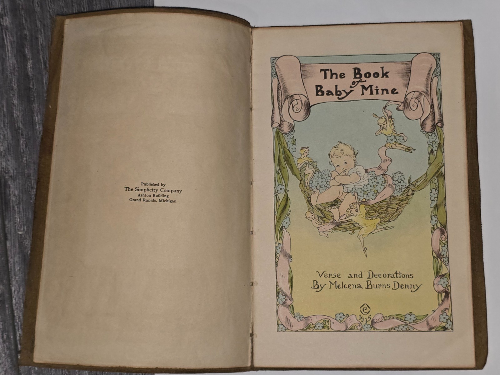 Antique 1915 Book of Baby Mine Illustrated Childrens Book Leather Cover 94 Pages