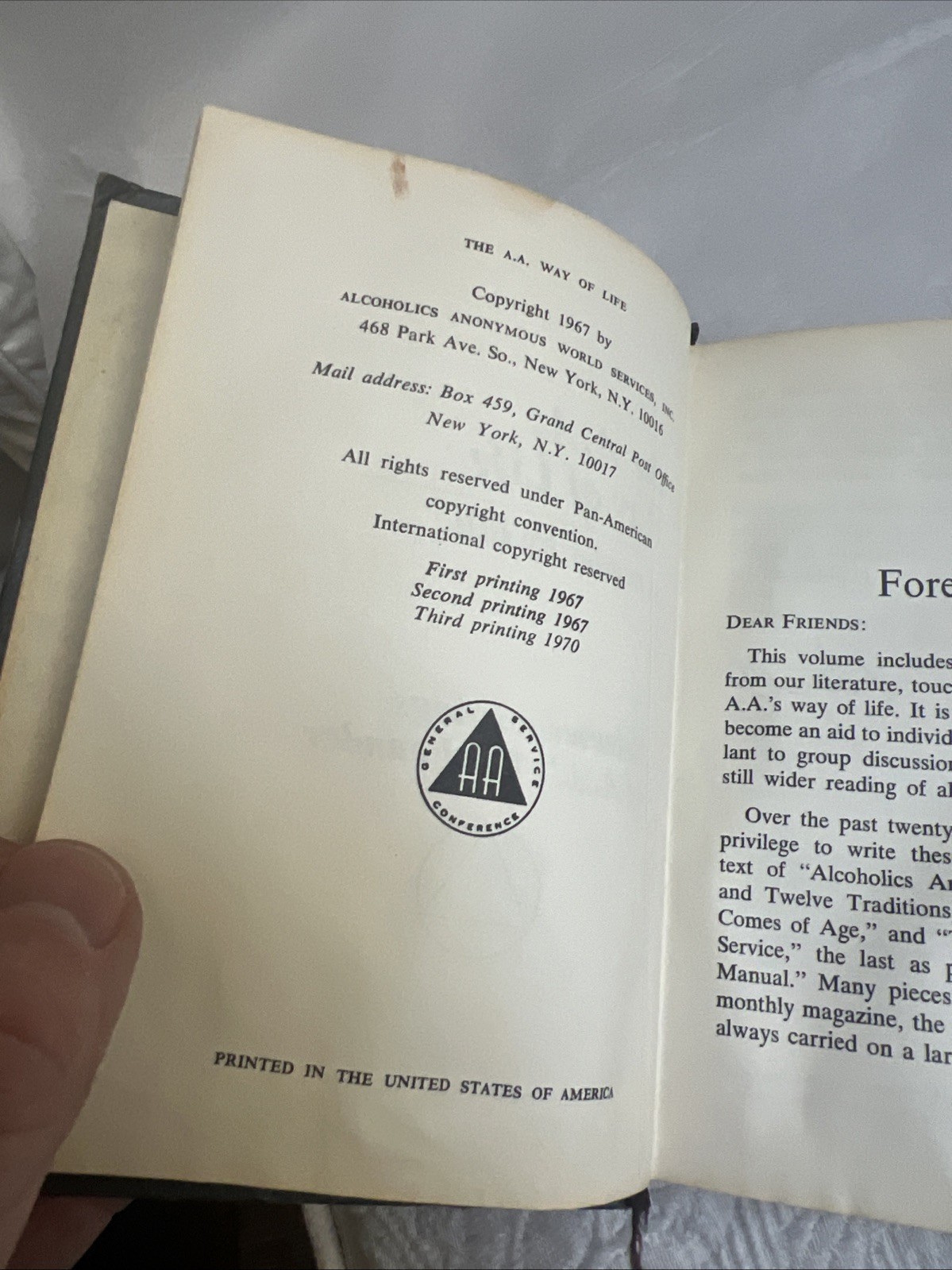 The A.A. Way Of Life A Reader By Bill 1967 Alcoholics Anonymous #H