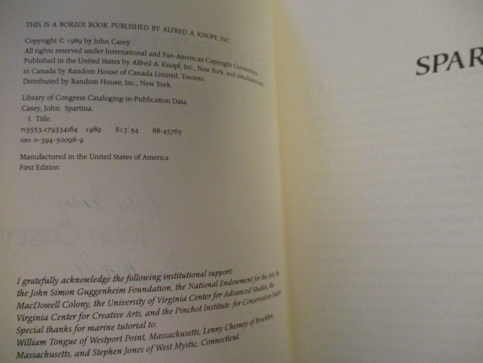 SIGNED (Inscribed) Spartina by John Casey (1989) 1st Edition National Book Award