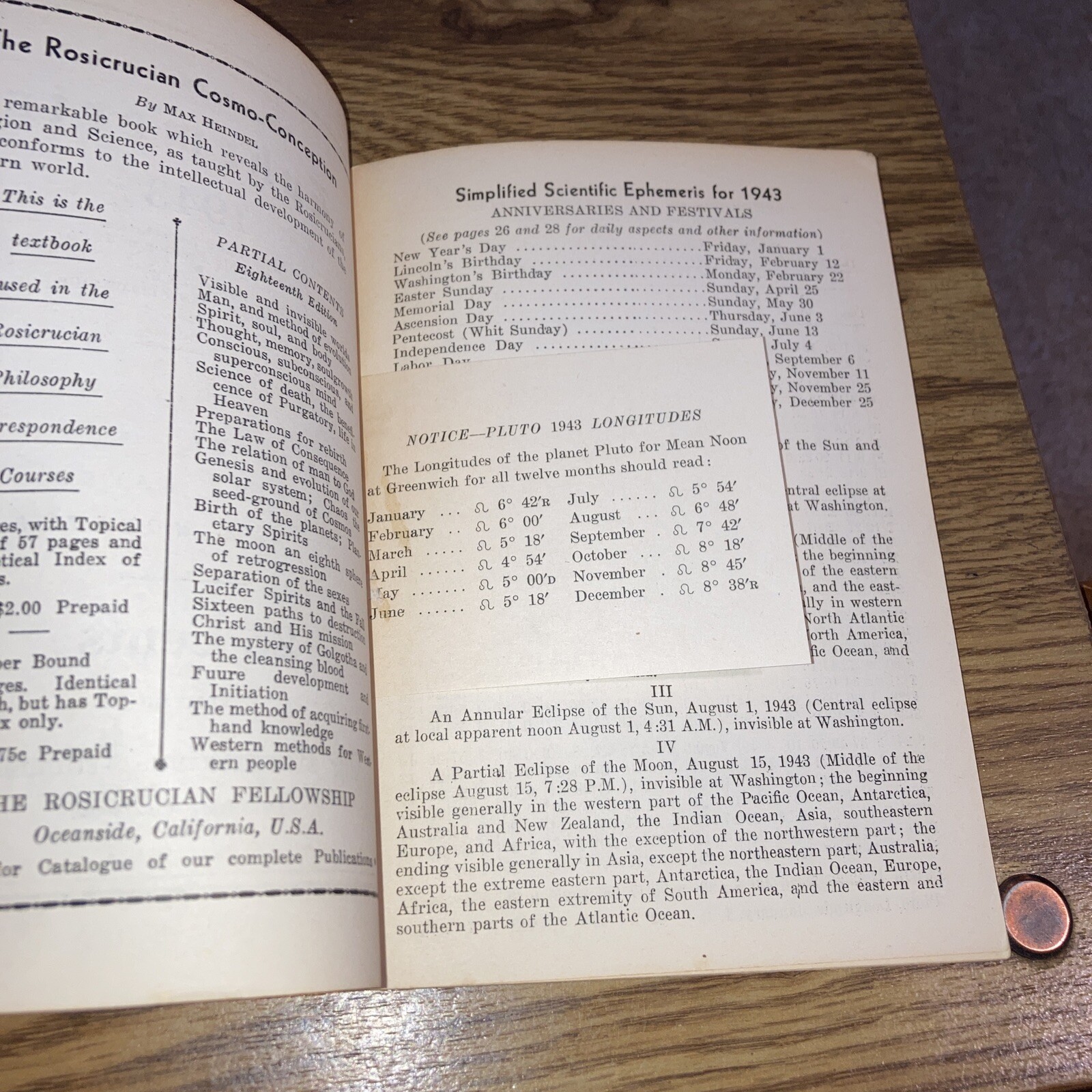 Simplified Scientific Ephemeris – Rosicrucian Fellowship 1943