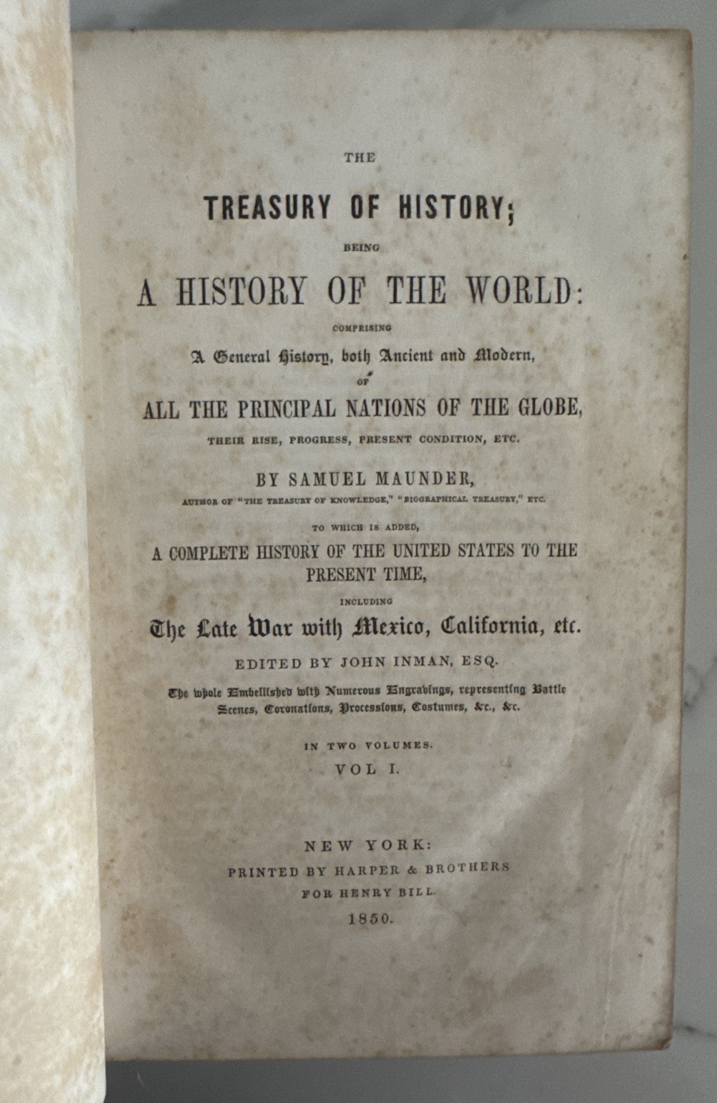 The Treasury of History, Vol. I by Samuel Maunder (Harper, Leather Bound, 1850)