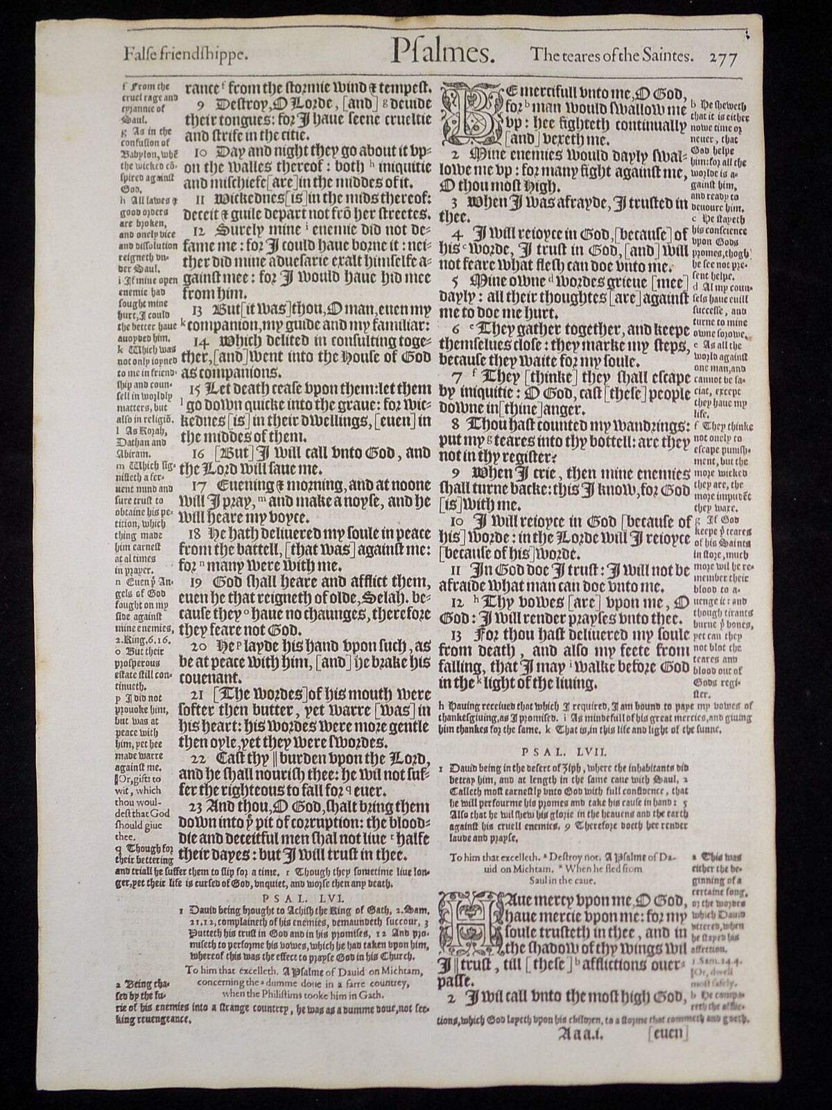 1583 NOBLEST GENEVA BIBLE * PSALMS 55:9-59:10 *4 INITIALS, LEAF PAGE NEAR FINE