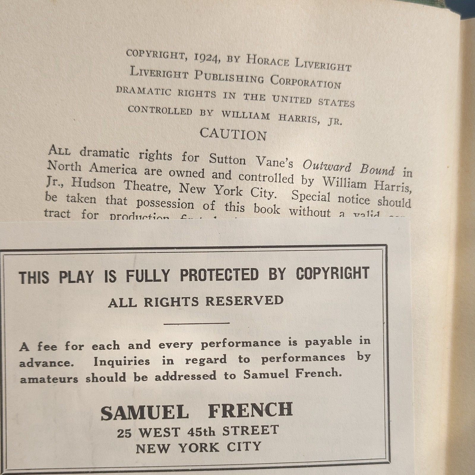 Sutton Vane Outward Bound Signed 1924 Cloth Hardcover Drama Play Liveright