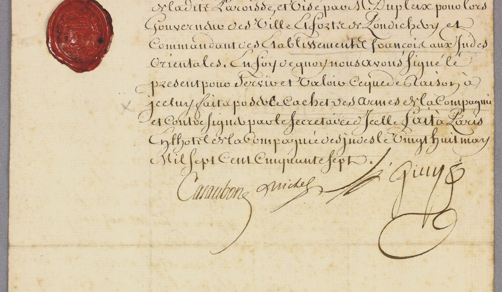 FRENCH India 1757 manuscript – SEE VIDEO – soldier’s death certificate wax seal