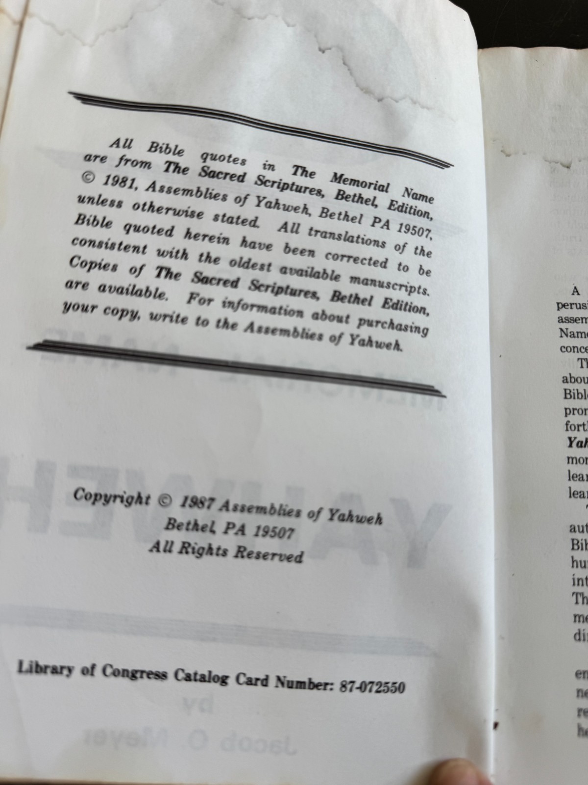 The Memorial Name Yahweh Jacob Meyer 1987 Assemblies of Yahweh Religious PB 2606