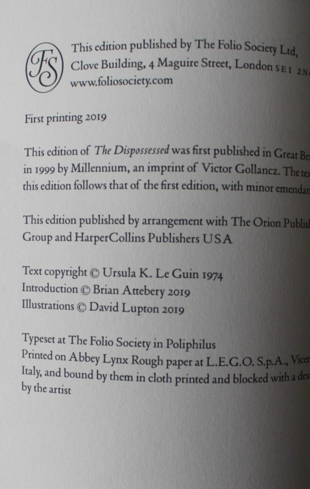 The Dispossessed – Ursula K. Le Guin – The Folio Society 2019 – First Printing